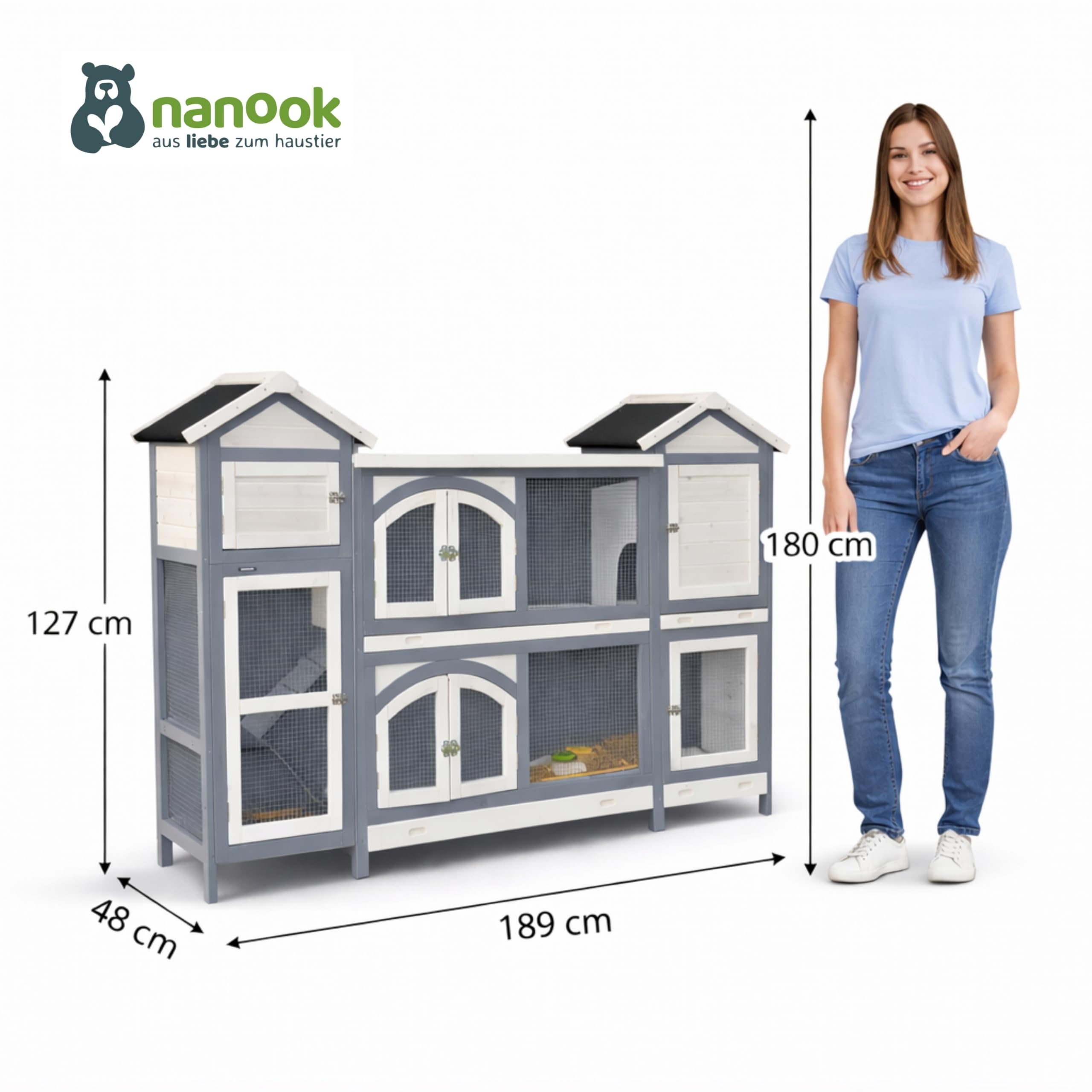 nanook Kaninchenstall, Hasenstall Castle XXL mit seitlichen Aufgängen für mehr Platz - wetterfest - Staufach - extragroß 181 x 43 x 127 cm grau/Weiss