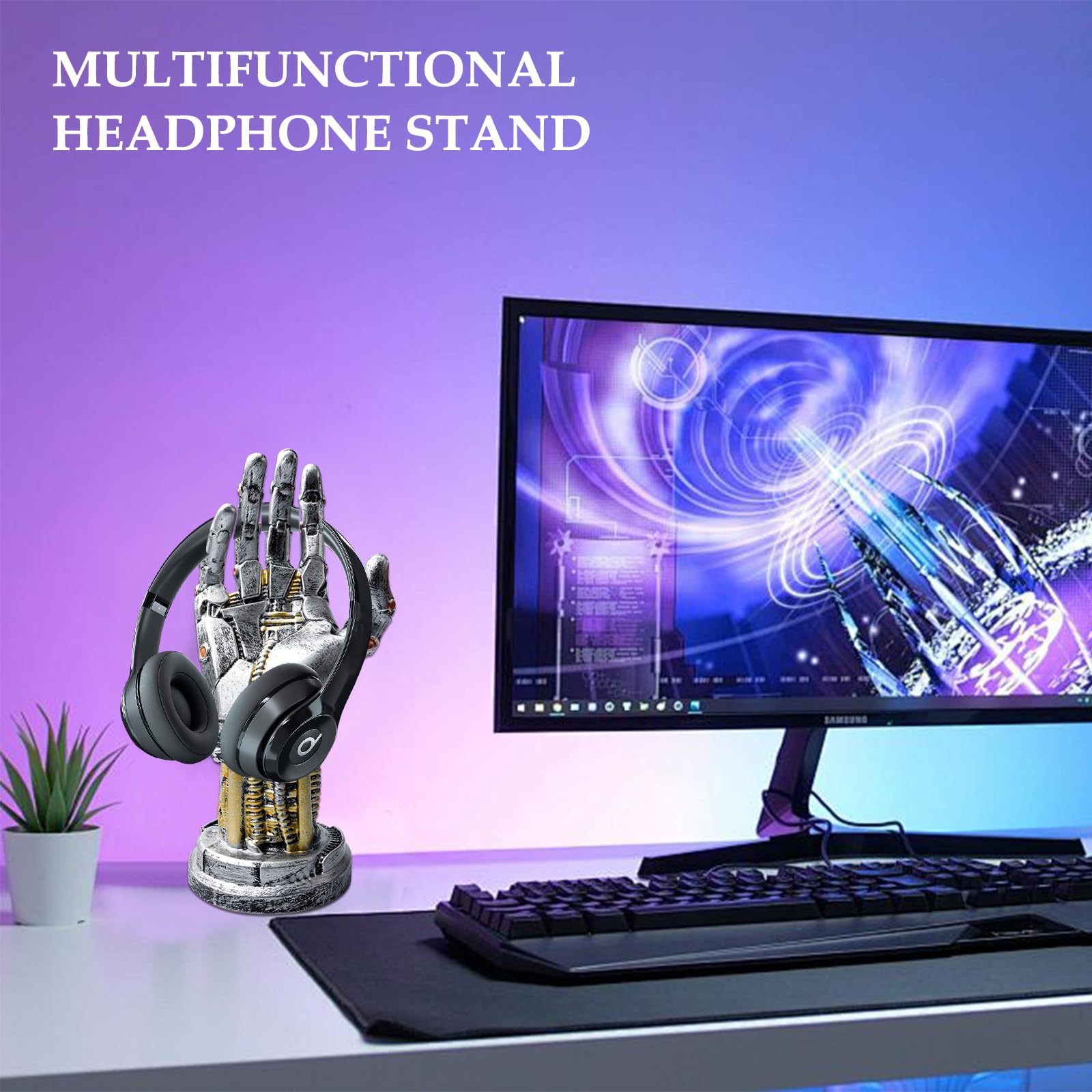 GOMETY Cyberpunk Support pour casque, casque de jeu et manette, design futuriste en résine aspect métal, accessoire de gamer pour vitrine, organisation de bureau