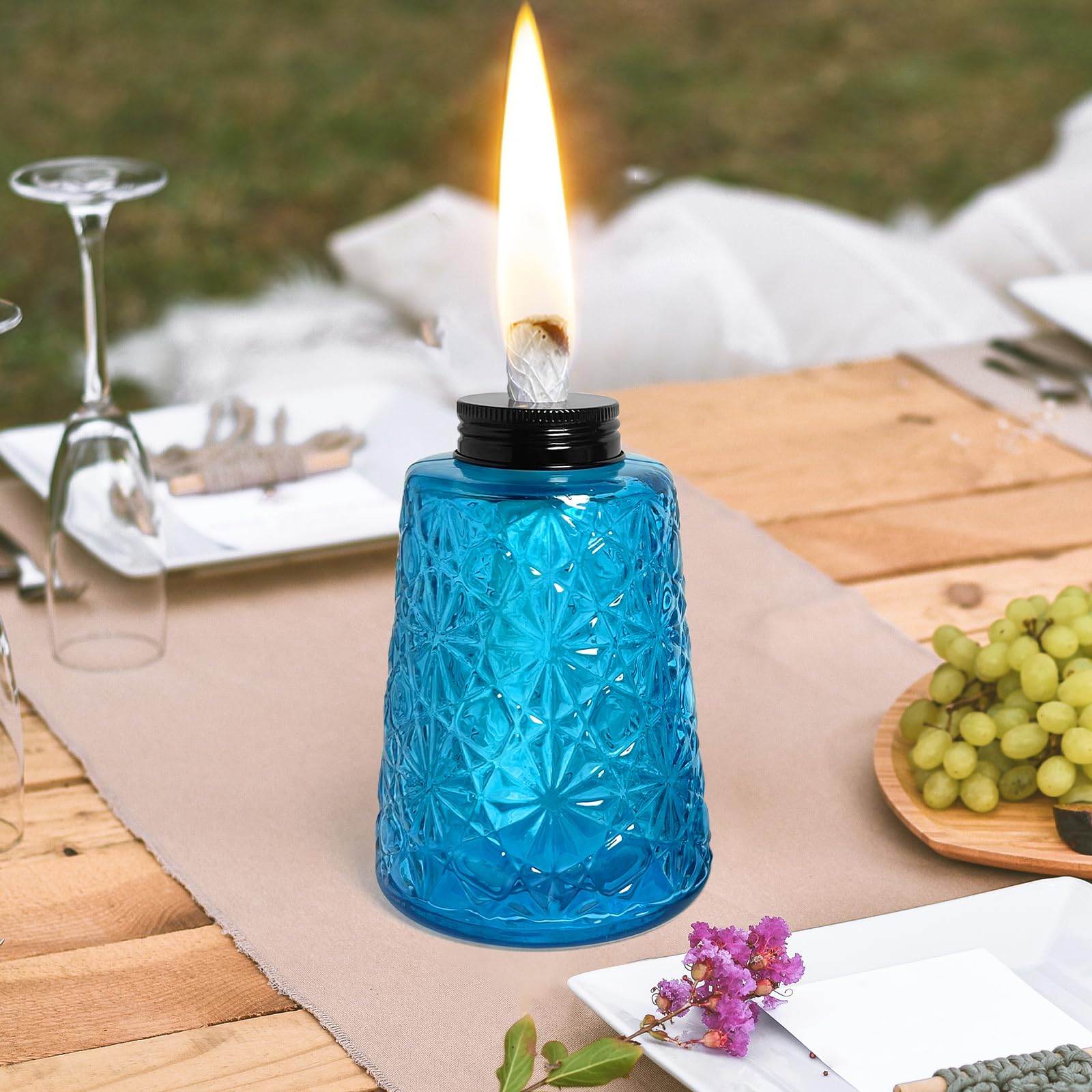 Confezione da 2 torce da tavolo in vetro alla citronella, per esterni, patio, con stoppini e tappo