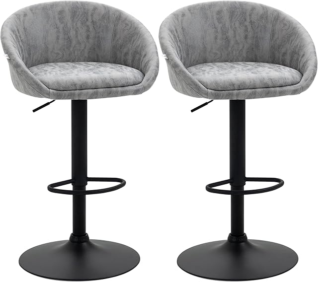 HOMCOM Modern Adjustable Bar Stools Set of 2, Swivel PU Leather Breakfast Barstools with PU Leather Footrest, Armrests and Back, for Kitchen Counter and Dining Room, Light Grey