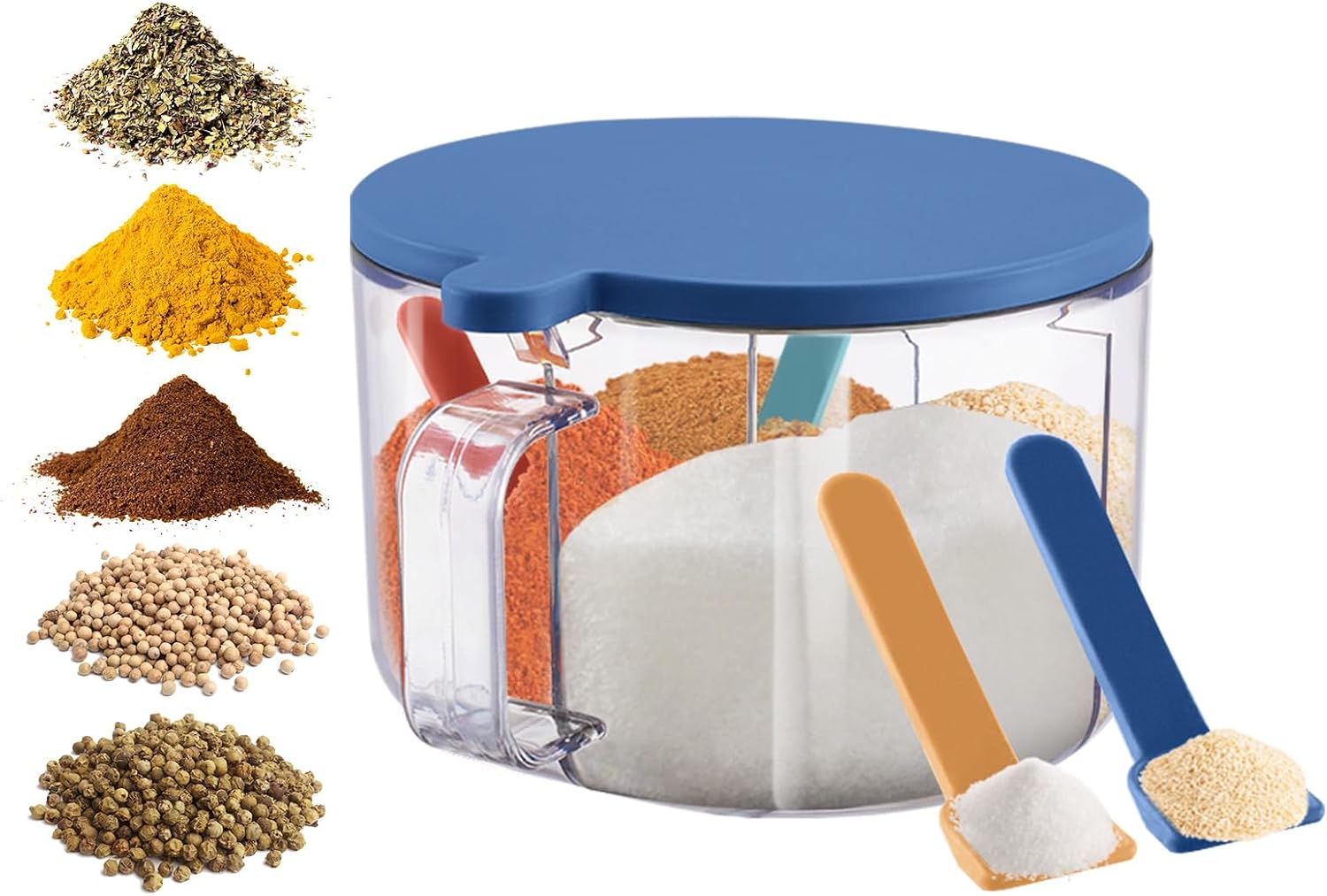 Upgrade Seasoning Box with Spoon, Transparent Seasoning Storage Container with Handle Lid Condiment Spice Pots for Salt Sugar Pepper (blue, 4 Compartments)