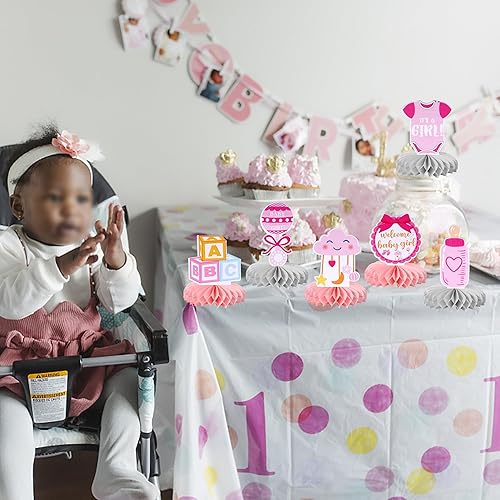 Miniatura 7 de 6 piezas de decoración de baby shower, centros de mesa de panal de abeja, Oh Baby Welcome Baby Girl - Centro de mesa de panal para revelación de