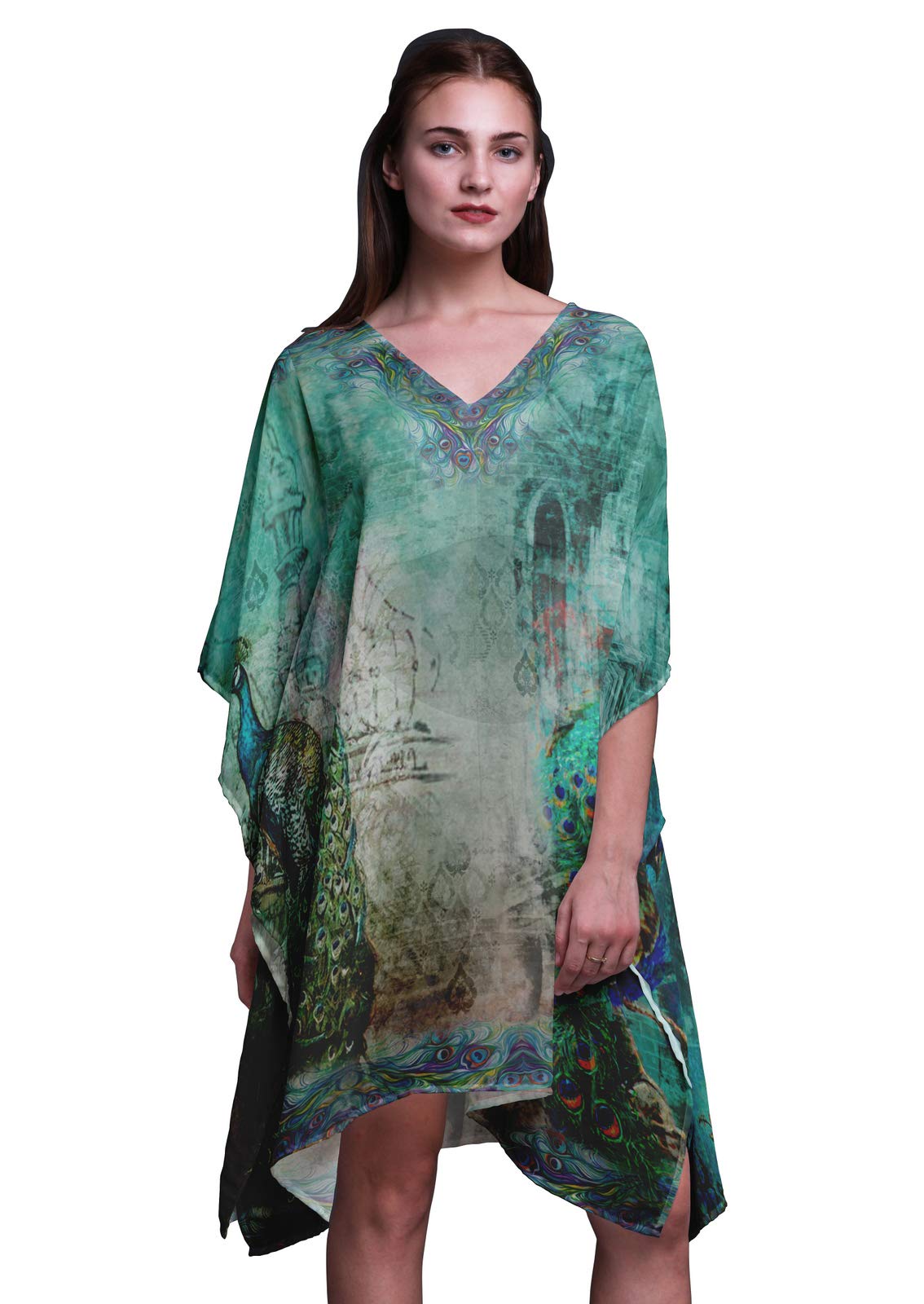 Phagun Women's Long Kaftan Dress - Galaxy Beach Cover Up, Maxi Kimono With V-Neck And Long Sleeves, Vibrant Digital Print