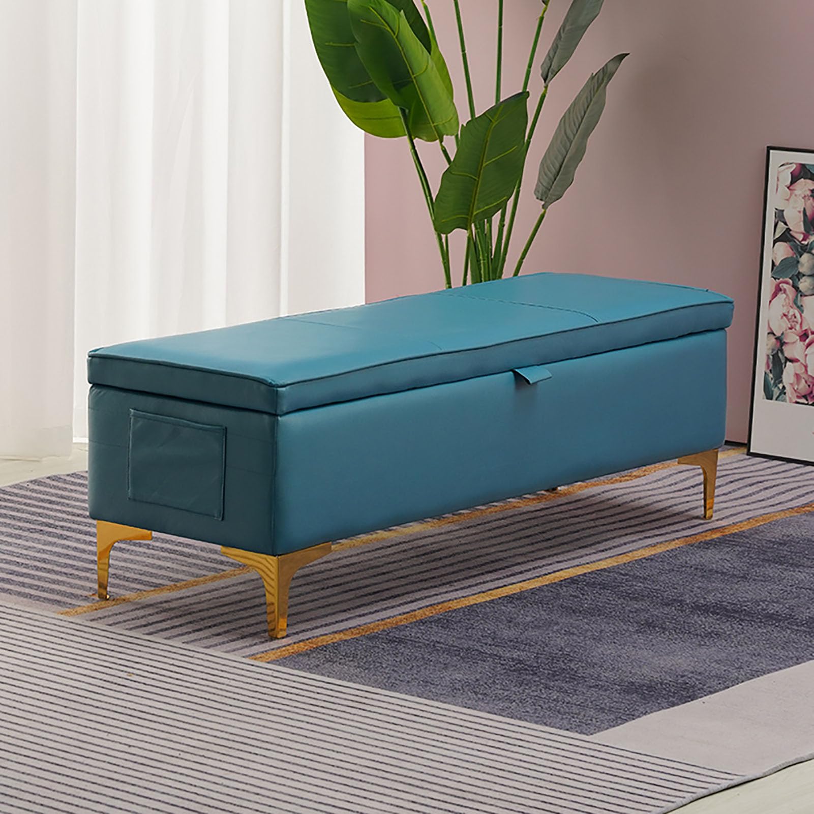 Banc de bout de lit bleu pour chambre et salon avec coffre à chaussures intégré