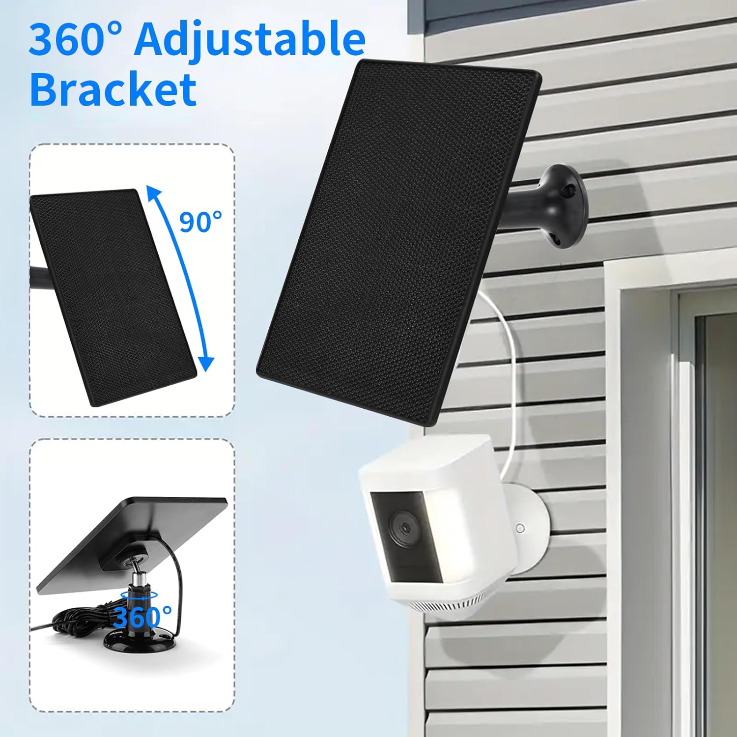 Solar Panel for Ring Camera, 4W Solar Charger Compatible with Spotlight Plus/Pro, Stick Up Outdoor Cam Battery, 10ft Long Cable with Ring Barrel Plug to USB-C Adapter (Black-2Pack)