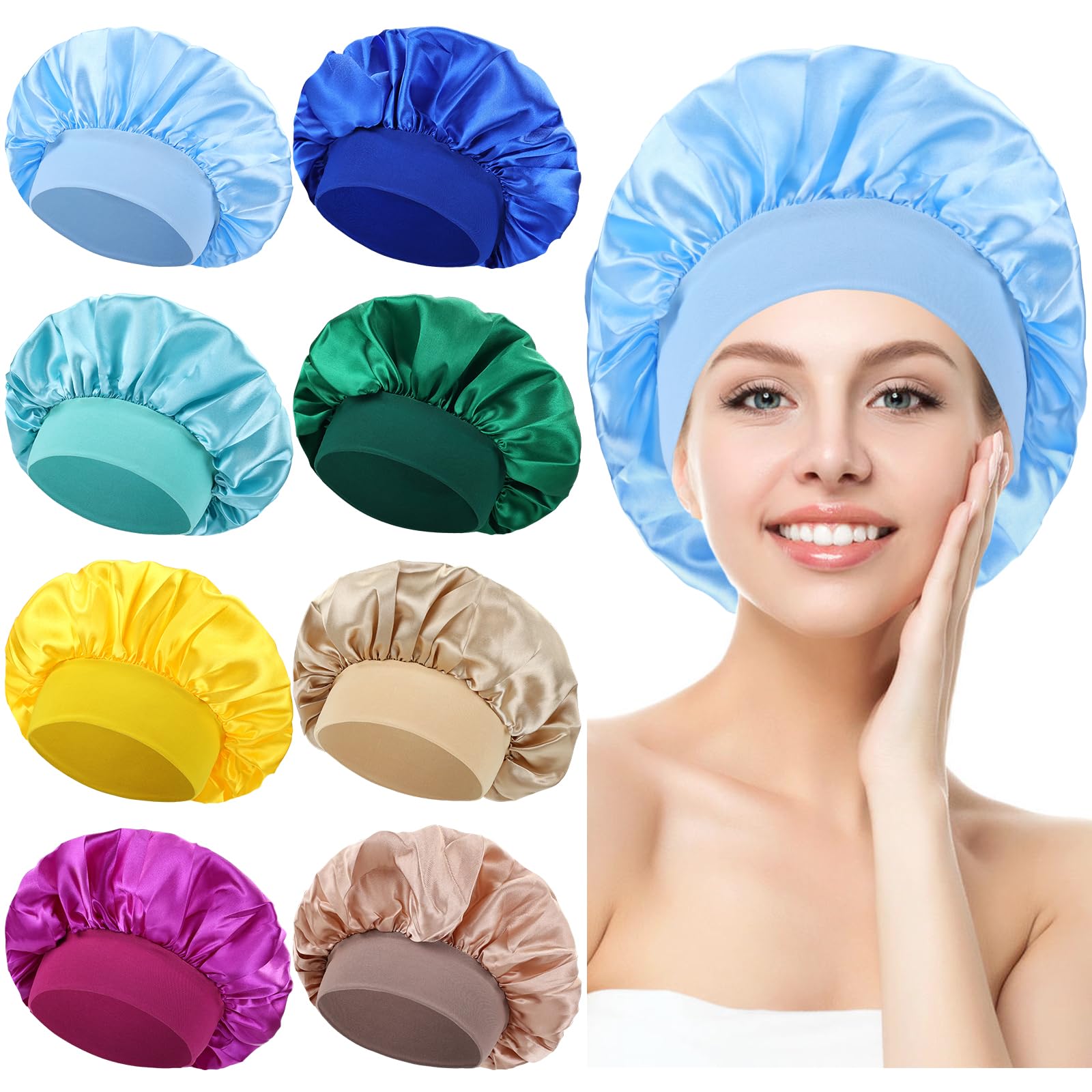 Yoosit 8 Pack Colors Satin Lined Silky Sleeping Bonnets Sleep Caps Curly Long Hair Protector Night Large Adjustable Wide Brim Band Sleep Hats Hair Wraps for Women Girls (Mix Colors)