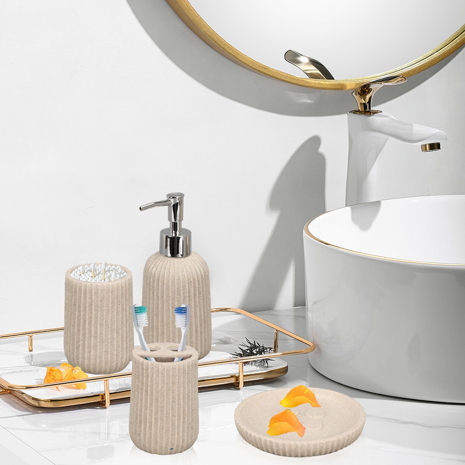 Tefola Juego de Baño de Resina de - 4 Piezas - Botella de Loción de 250 ml, Vaso para Enjuague Bucal, Soporte para Cepillo de Dientes, Jabonera - Juego de Accesorios de Baño - Beige