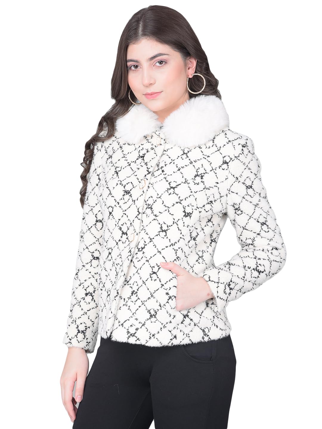 crimsoune club Women's Off White Printed Coat with Fur Detail-picture-37