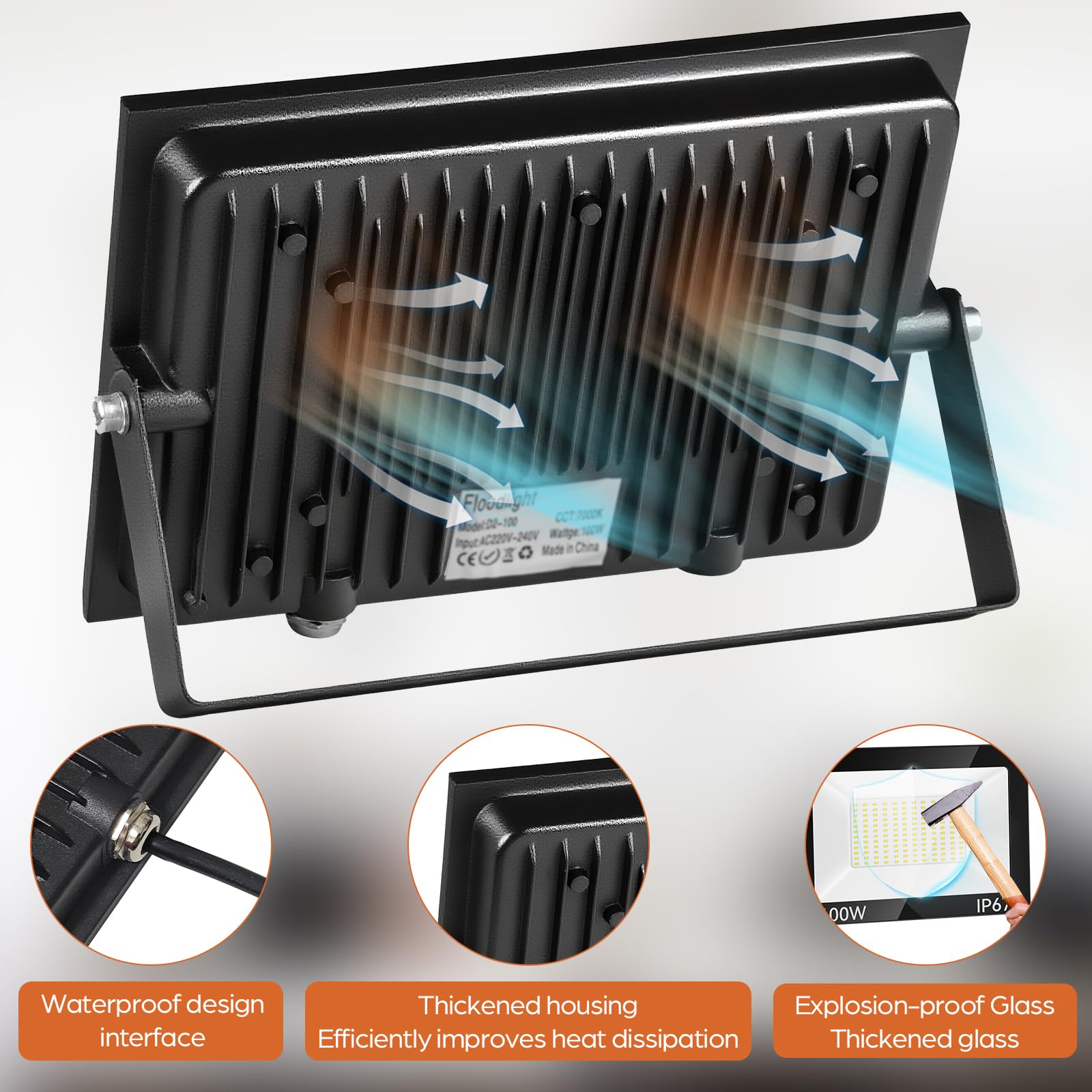 Foco LED Exterior 100W 2 Piezas, 10000LM 7000K Proyector LED, 144 Chips IP67 Impermeable Super Brillante Blanco Frío Luz de Seguridad, Potente Luces Led Exterior para Terraza, Jardín, Garaje