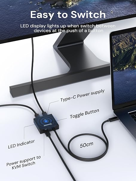 Dockteck USB C Switch, Bi-Directional Switcher 1 in 2 Out/2 in 1 Out, USB Switch with 4K@60Hz, 10Gbps Transfer Speed, 100W PD Charging,Included Two 3.3FT USB-C Full Featured Cable for Laptop