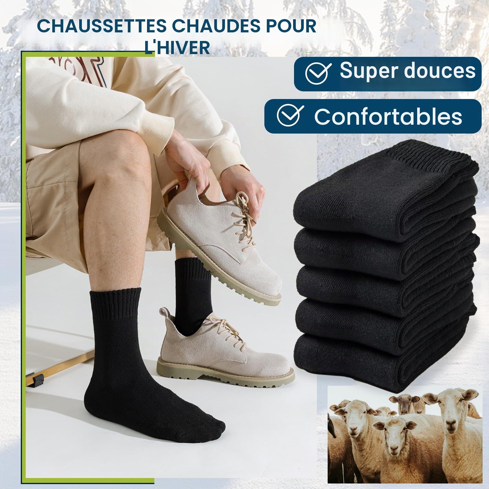 Josnown Chaussettes Chaudes Homme Hiver Thermiques Laine Semelles Épaisses Tissu Éponge Randonnée 5 Paires Taille 39-45