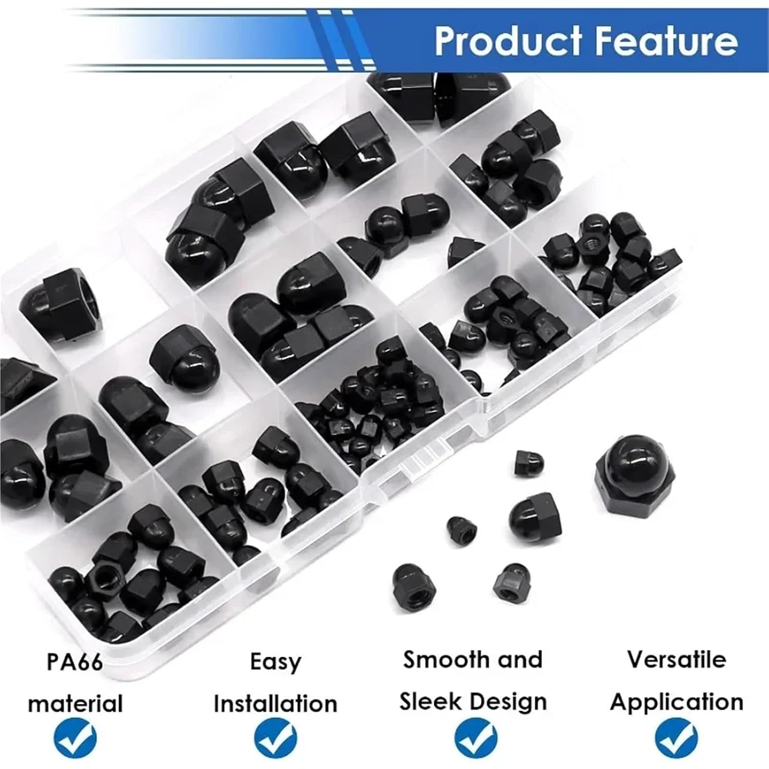 Acorn Nuts 220Pcs Nylon Hex Acorn Nuts Assortment Kit M3/ M4/ M5/M6/M8/M10 Bolt Cover Caps for Protection Indoor Outdoor for Industry/Machinery/Furniture and Other Places