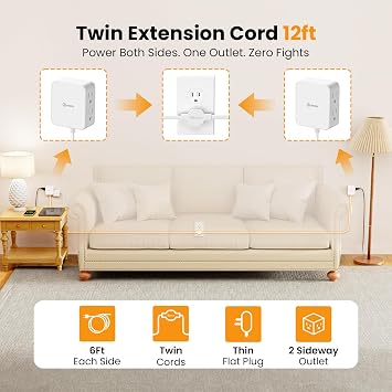 12FT Split Flat Extension Cord,4AC Side Outlet Twin Extension CordFlat Plug