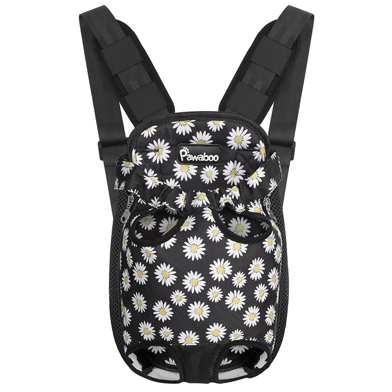 Mochila para Transporte de Cães e Gatos Pawaboo com Aberturas para Patas e Cauda, Black Daisy Print, Extra Grande