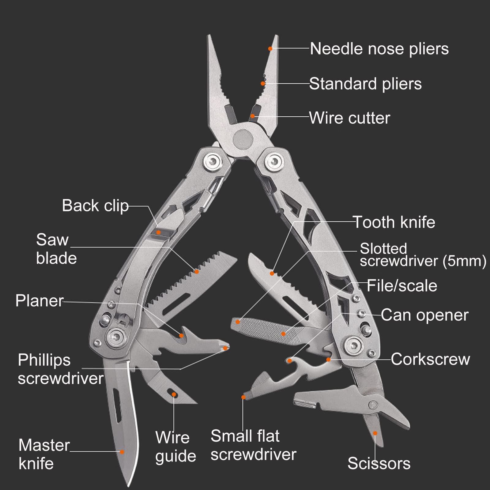 16-En-1 Multifonctions Conçue Outil Multitool Pince De Poche Acier Inoxydable Couteau Pliant Avec Poignée Ergono Pour Extérieur,Survie,Camping,Randonnée,Réparation Simple