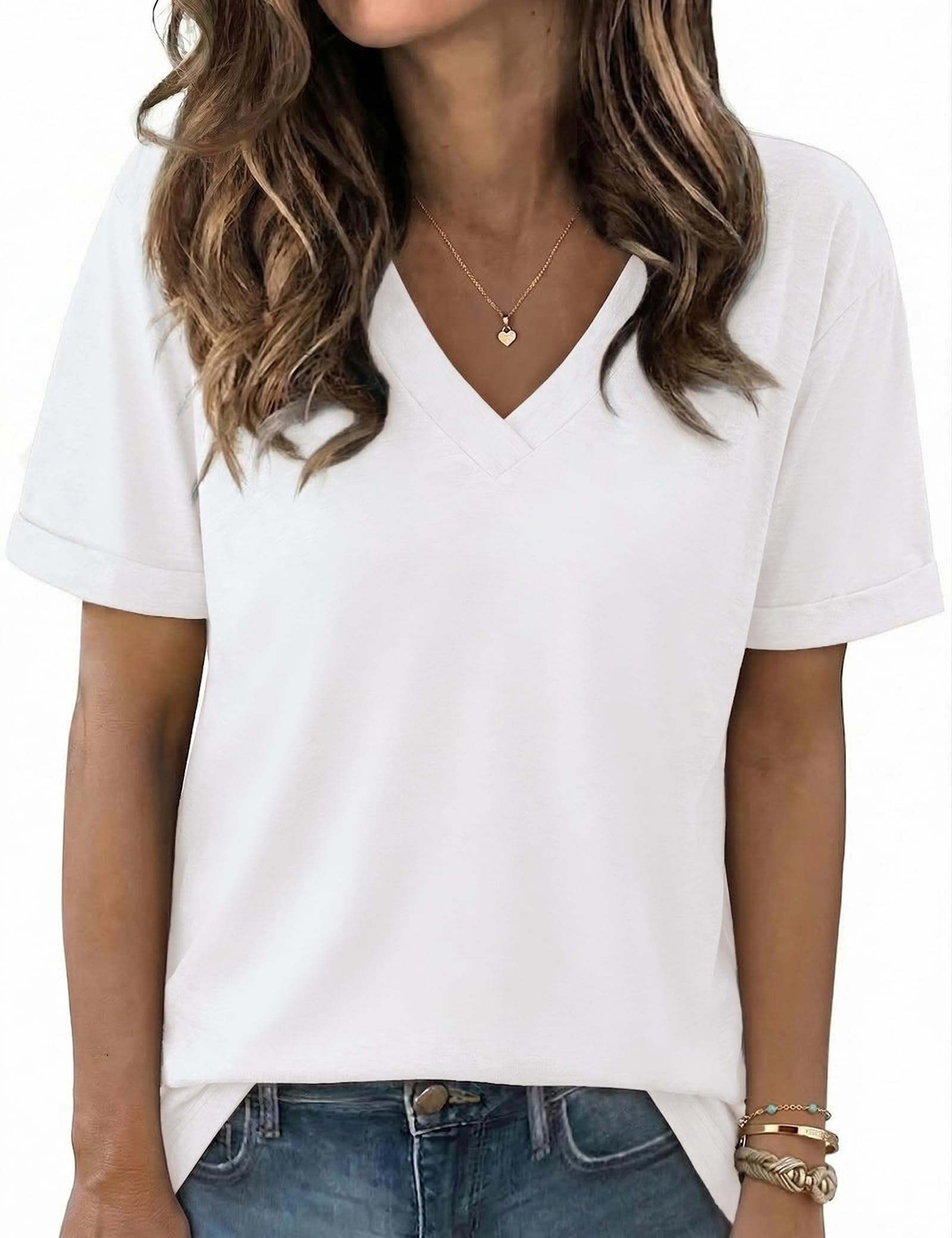 Aottori Tshirt Damen Sommer Basic Shirt V-Ausschnitt Oberteile Kurzarm Einfarbig Casual Locker Top