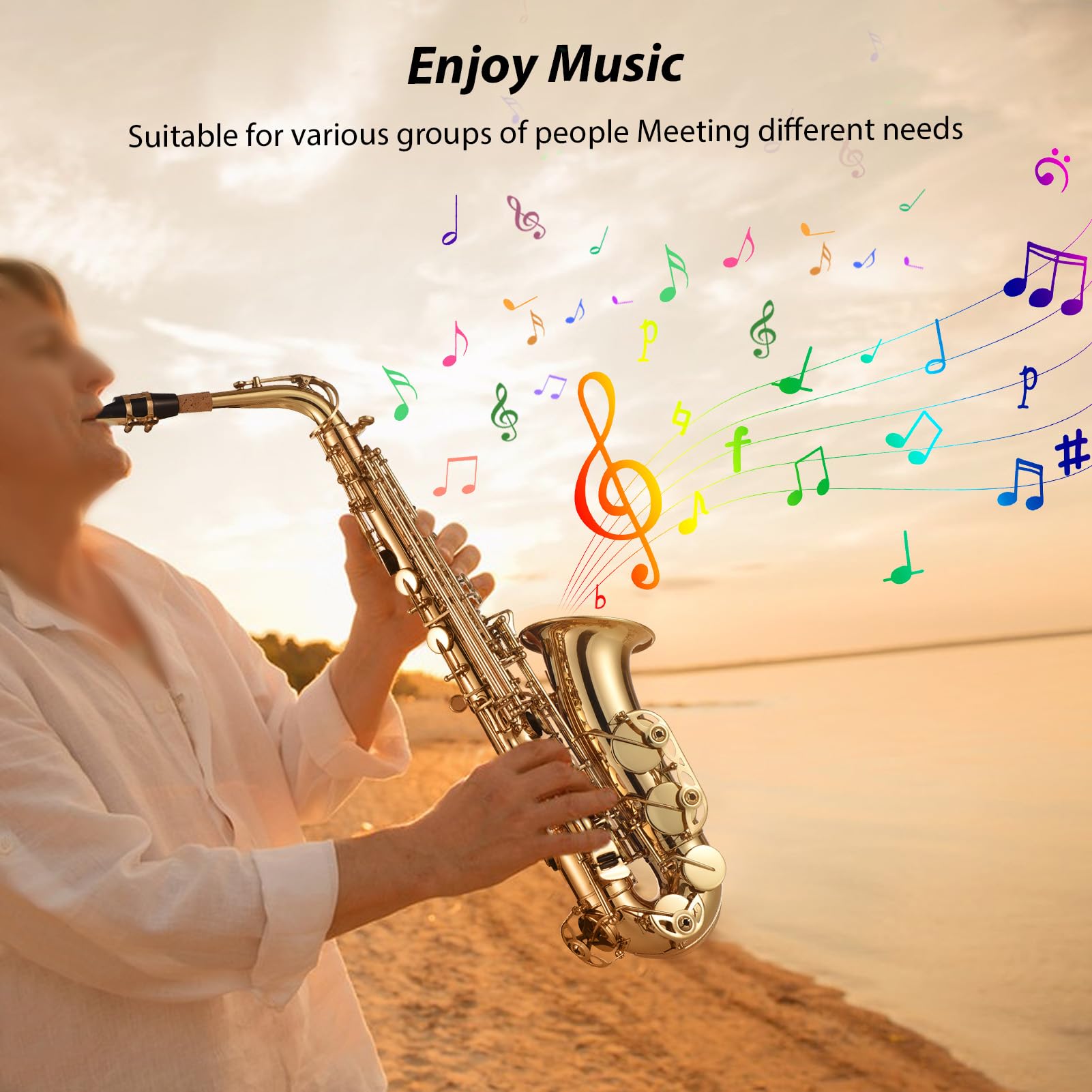POENVFPO Sassofono Contralto, Set Sax in Ottone Mib con Manico, Bocchino, Tappo per Bocchino, Guanti, Custodia Imbottita, Panno per la Pulizia e Spazzola per Principianti e Adulti