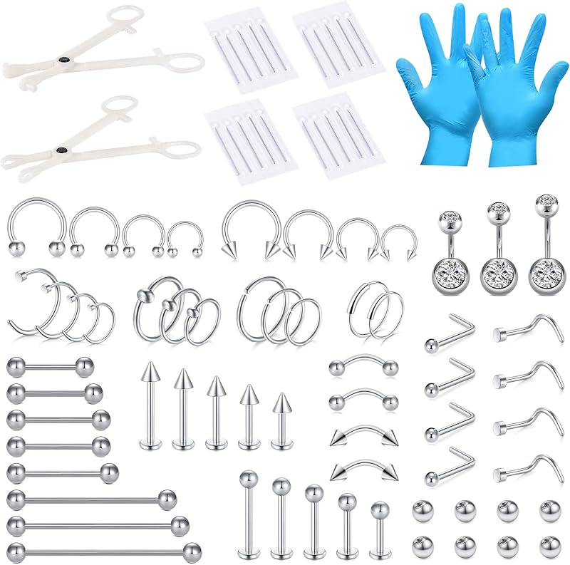 Kit DJCIW com 75 peças para piercing, agulhas 14G, 16G, 18G e 20G, pinças e joias corporais