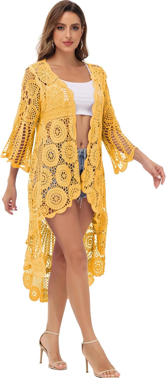 Anna-Kaci Women's Crochet Long Vest Boho Short Sleeve Kimono Cardigan Swimwear Cover up