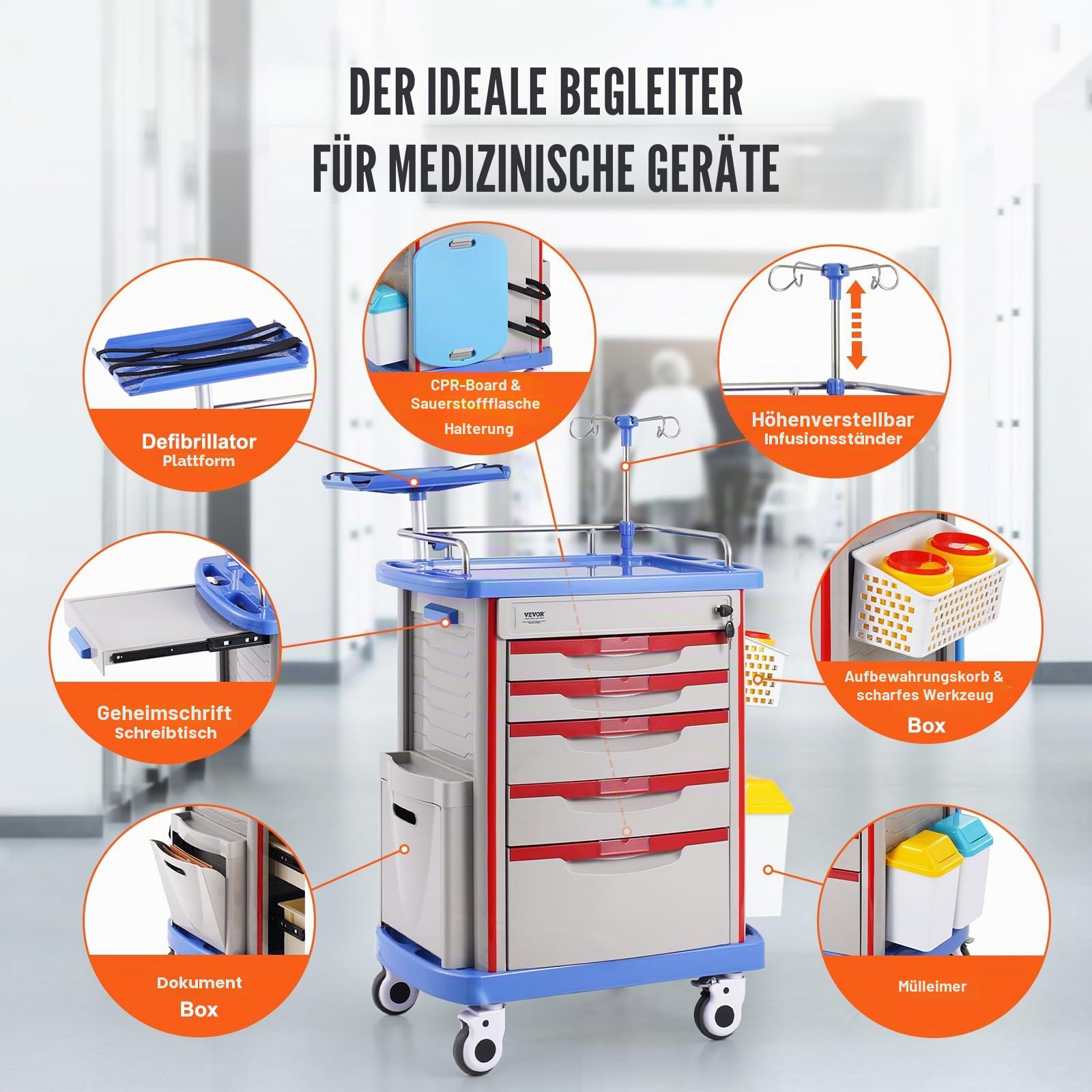 VEVOR Laborwagen Laborhilfswagen 5-stöckig, mobiler medizinischer Wagen aus PP-Material, mit 4 leisen Rädern & 5 Schubladen, Laborrollwagen Salonwagen für Labor, Klinik, Krankenhaus, Salon, Blau