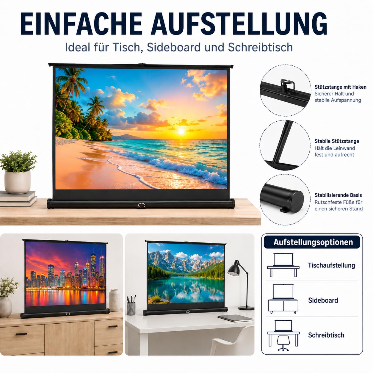 Leinwand Beamer 50 Zoll,Tragbare Pull-Up Beamer Leinwand mit Ständer für Camping,Heimkino,Schule,Treffen