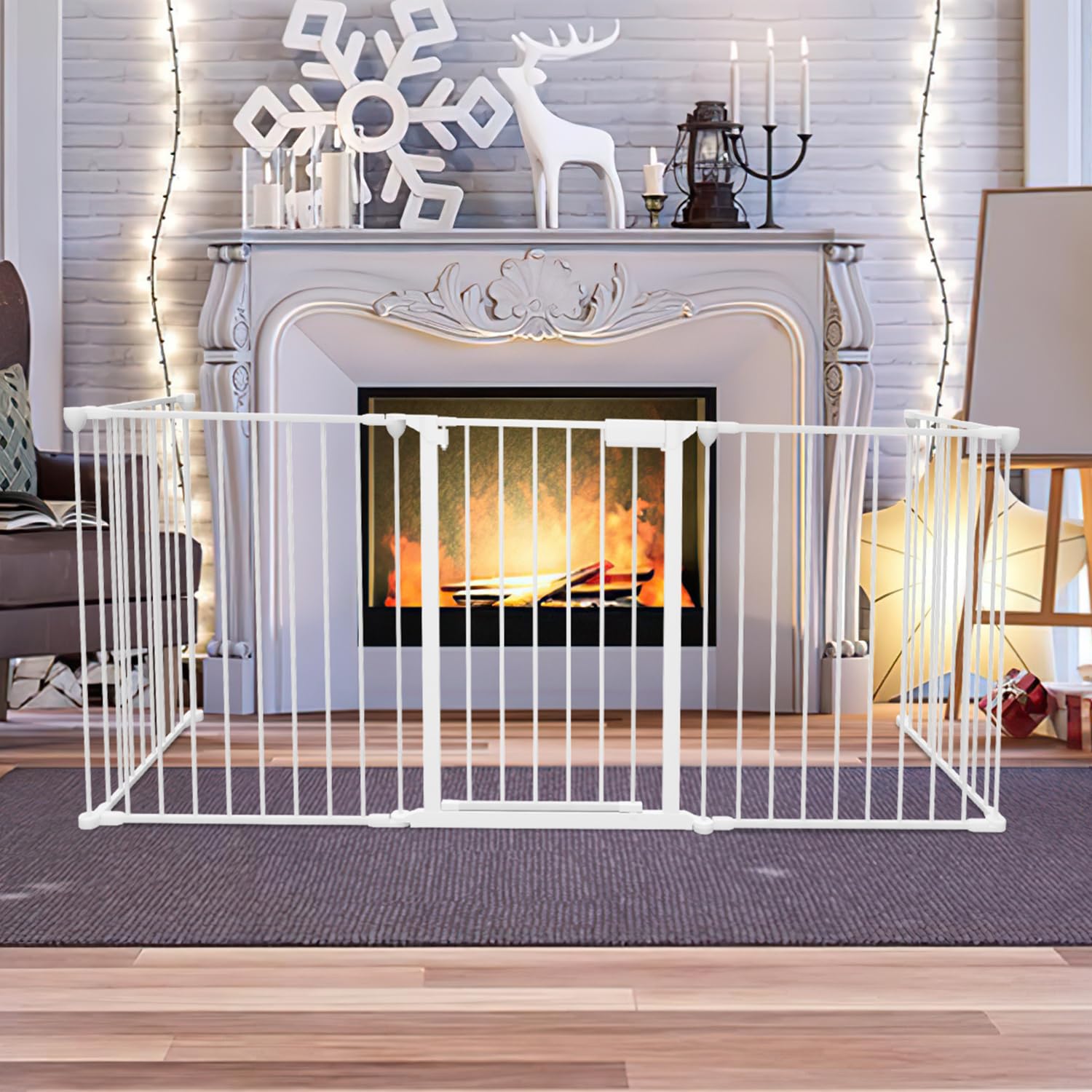 Rejilla protectora para chimenea con puerta, rejilla protectora de horno de metal, diseño plegable, 310 cm, montaje sin herramientas, juego de 5 piezas (blanco)