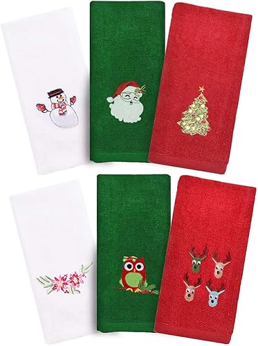 Juego de 6 toallas de mano de Navidad, juego de toallas decorativas de algodón para secar, limpiar, cocinar y hornear, juego de toallas bordadas de