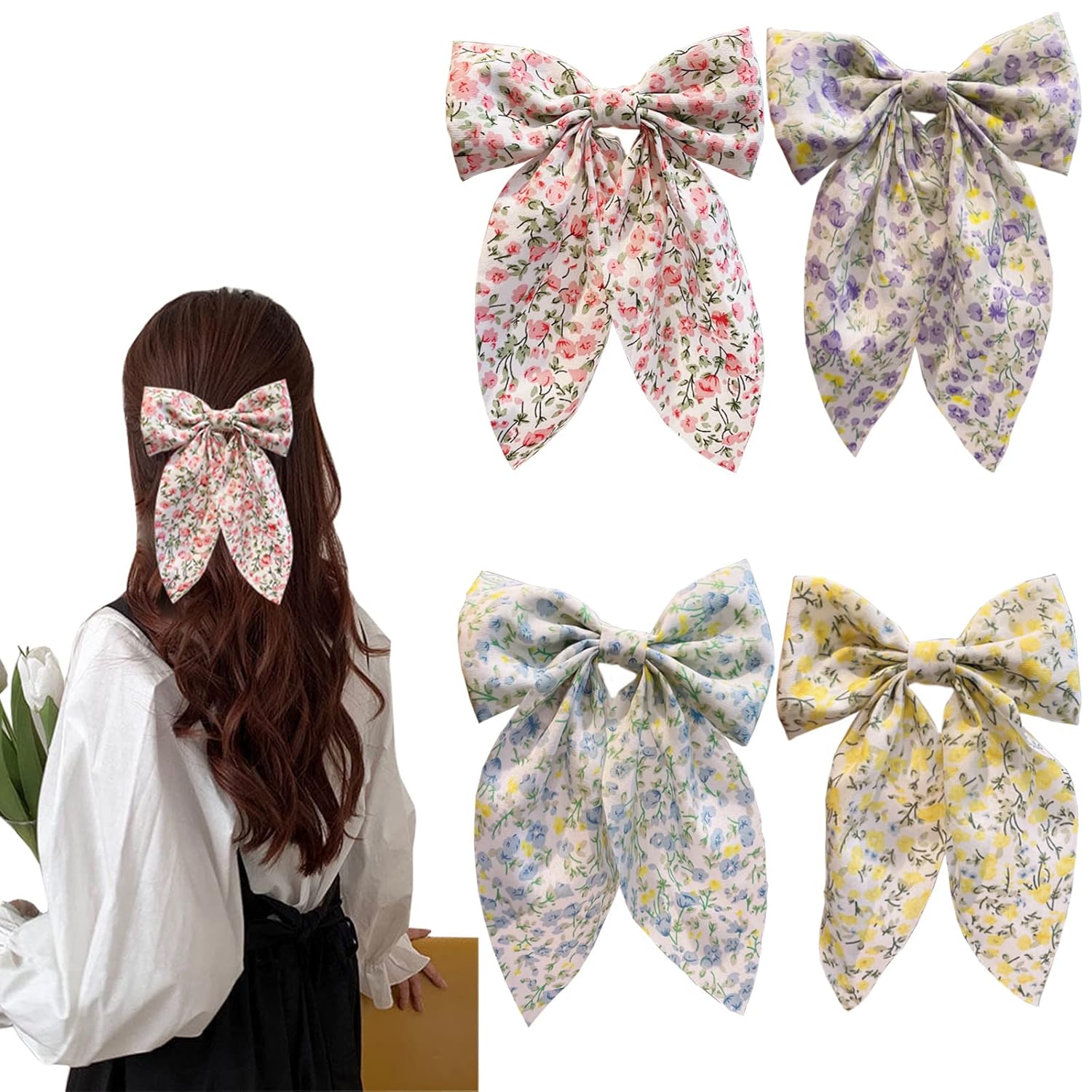 Chiffon Hair Bows for Women Girls,4 PCS Barrette Hair Clip Long Black Ribbon Bows French Style Hair Accessories for Summer (Pink,Yellow,Blue,Purple)