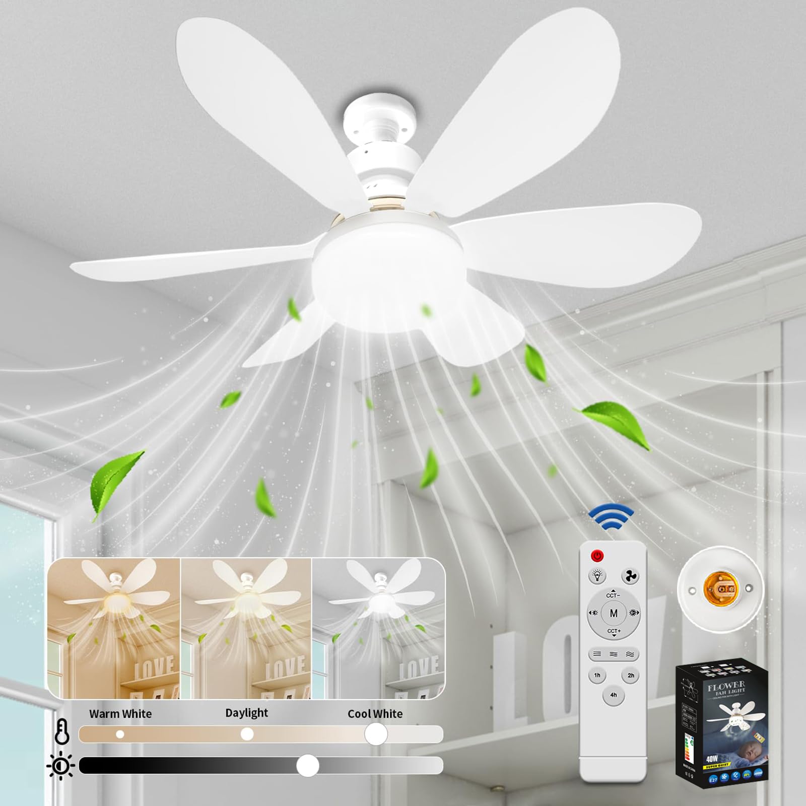 VHV Ventilateur de Plafond avec Lumière et Telecommande LED Ventilateur Dimmable Plafonnier avec 40W E27 Lampe Intégrée 6 Pales 3 Vitesses Silencieux pour Salon Chambre Coucher (Blanc)