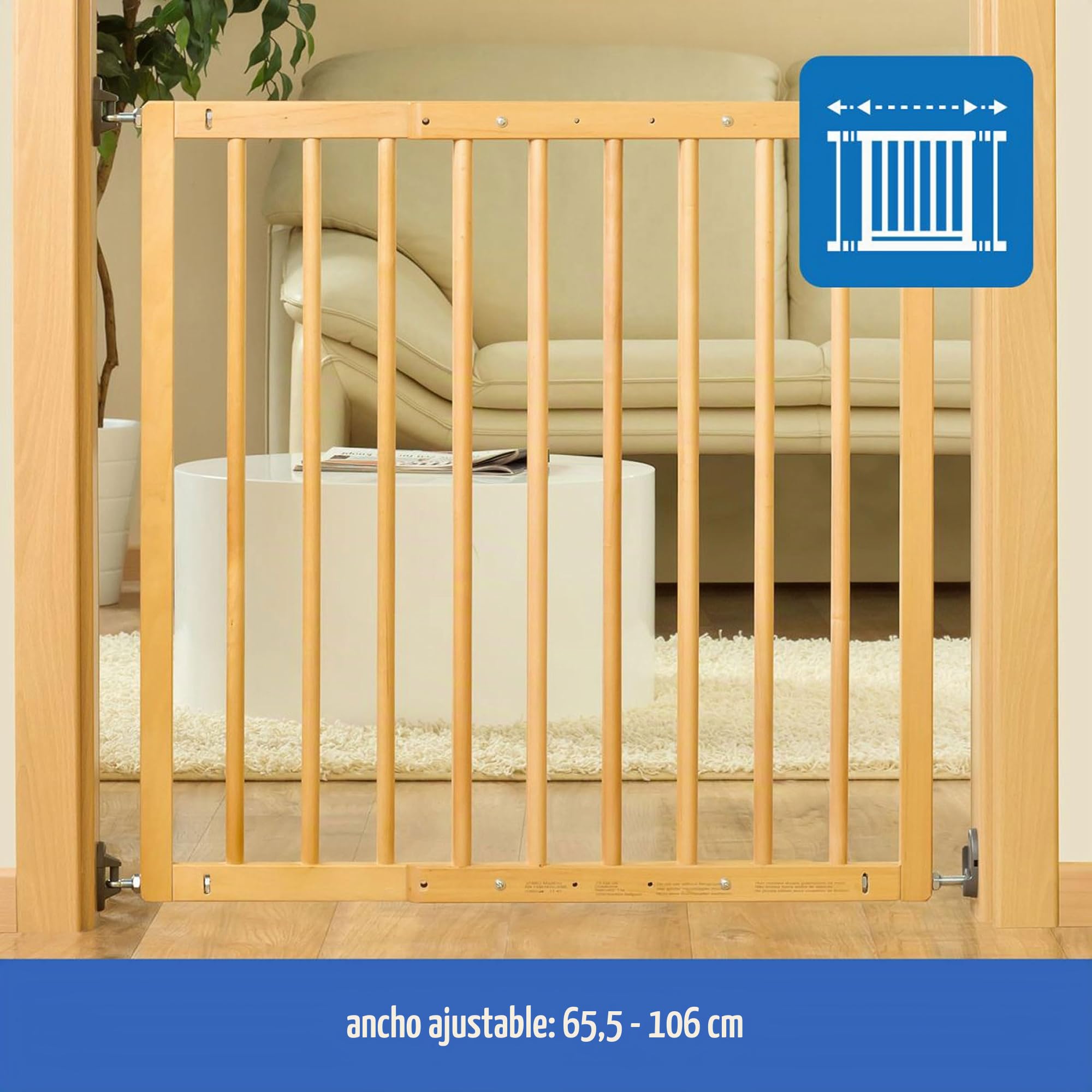reer Puerta de Seguridad para escaleras y Puerta básica para atornillar, Madera, sujeción Estable, Ancho de Paso 65,5-106 cm