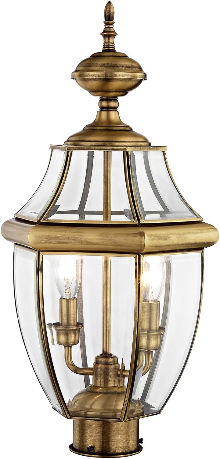 Livex Lighting 2254-02 Monterey 2 Light Outdoor Polished Brass Finish Solid Brass Post Head with Clear Beveled Glass