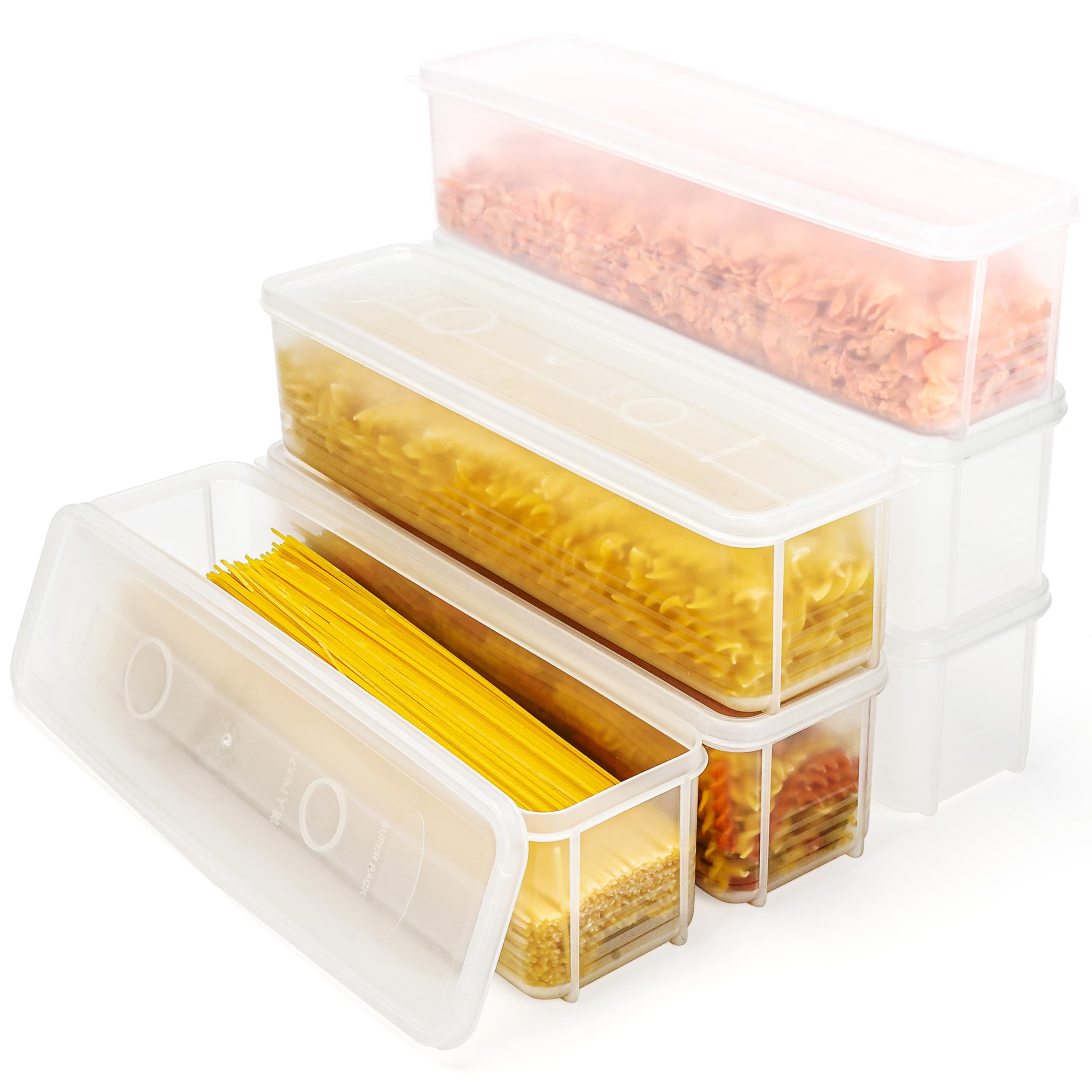 BELLE VOUS 6 Pack of Plastic Food Storage Containers with Lids - 1300ml/44oz Airtight BPA-free Kitchen/Pantry Organisers - Rectangular Jars for Spaghetti, Pasta, Noodles, Cereal, Rice & More