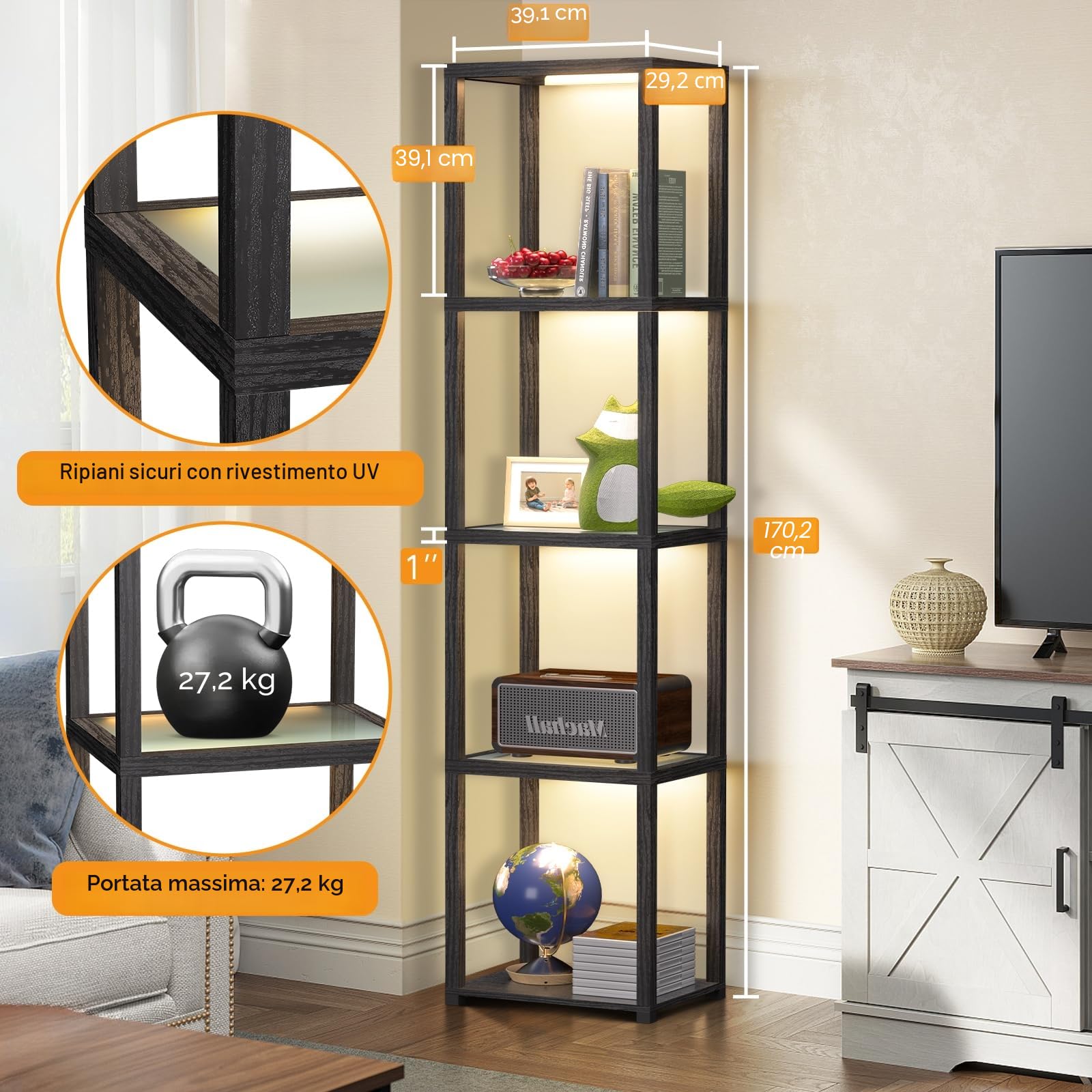 OUTON 170cm Vetrina in Vetro con Luci, Lampada da Terra a LED Dimmerabile con Telecomando e Controllo via App, Libreria Aperta per Oggetti da Collezione per Soggiorno e Camera da Letto, Nera