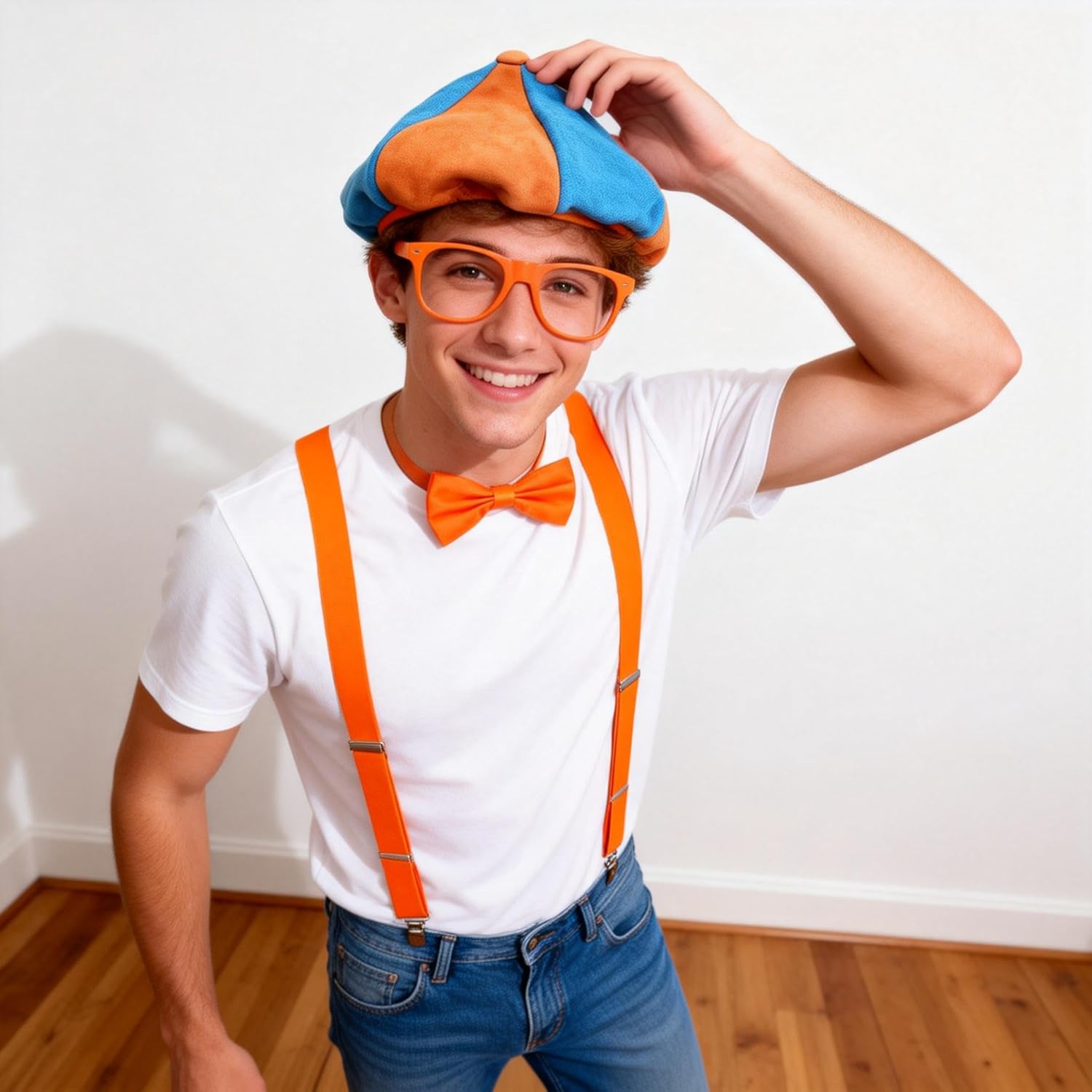 Blue Orange Hat,Orange Suspender,Bow-tie, Glasses, 4PCS Unisex Costume Accessory Set for Halloween Dress Up Party Supply - Image 7