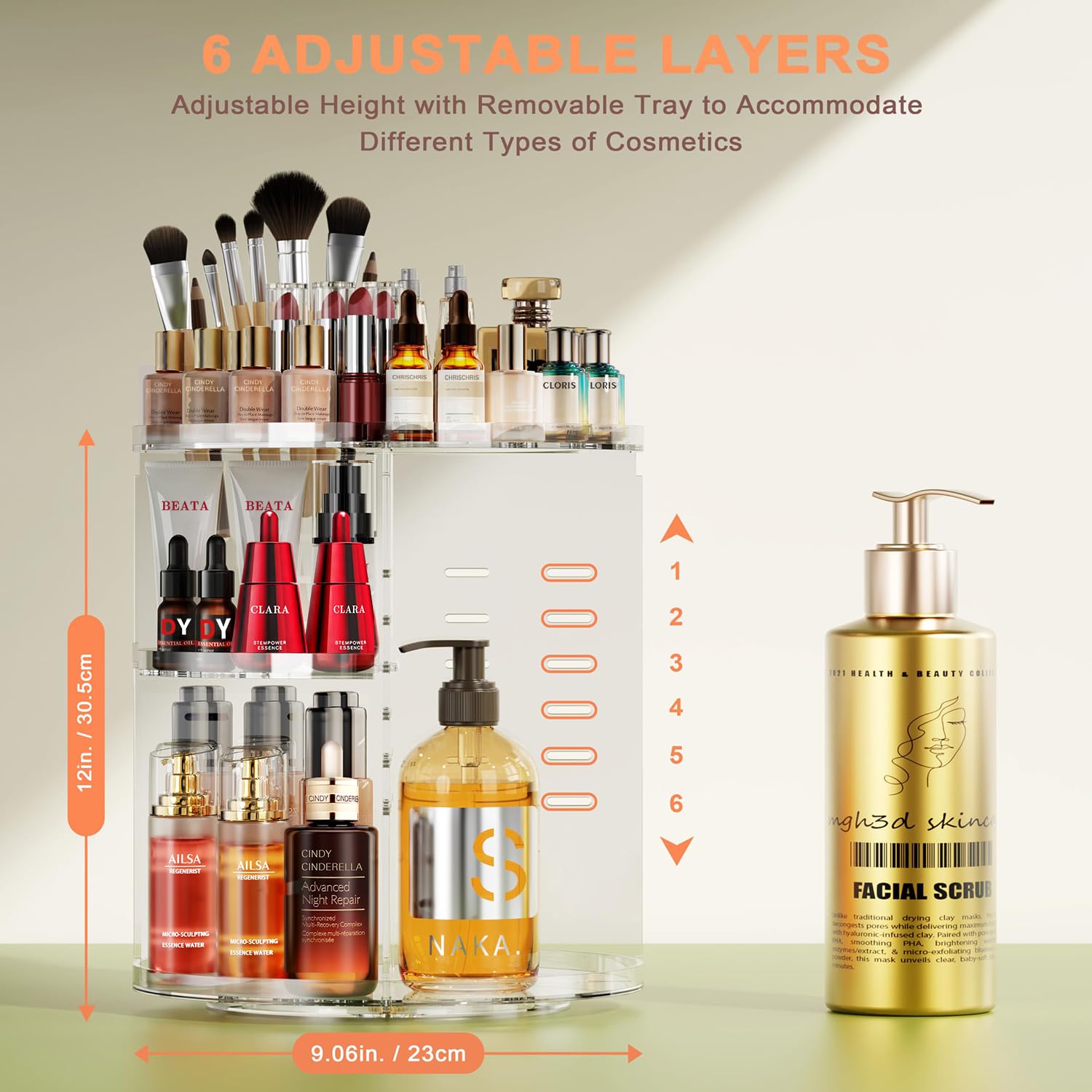 Auxmir Organizador de Maquillaje, Giratorio 360°, Organizador para Perfumes Cremas Pintalabios Skincare, Almacenaje Cosméticos con Capas Ajustables para Tocador Baño, Gran Capacidad