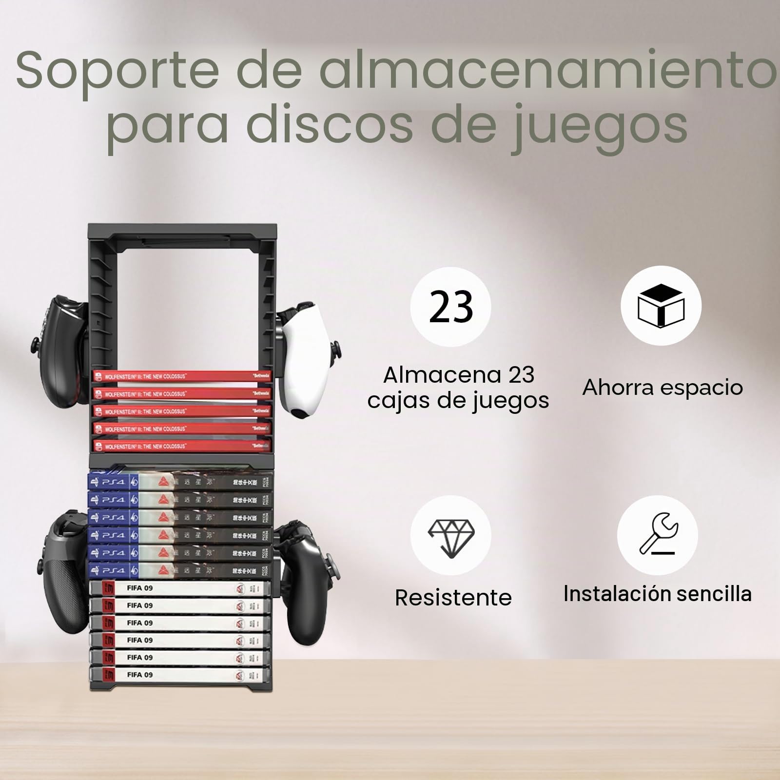 Torre de Almacenamiento de Videojuegos, Doble Capa Estante de Disco para Videojuegos de 24 Rejillas, con 4 Soportes para Controladores para Controladores para PS5, PS4