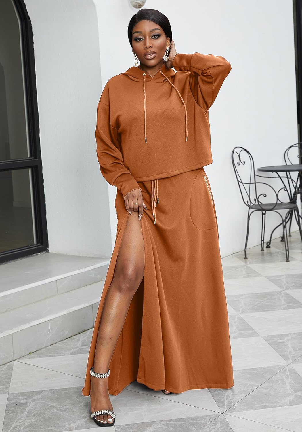 LAJIOJIO Women's 2 Piece Sets Casual Outfits,Hoodies Long Sleeves Sweatsuits and Split Maxi Skirt Lounge Sets - Image 2