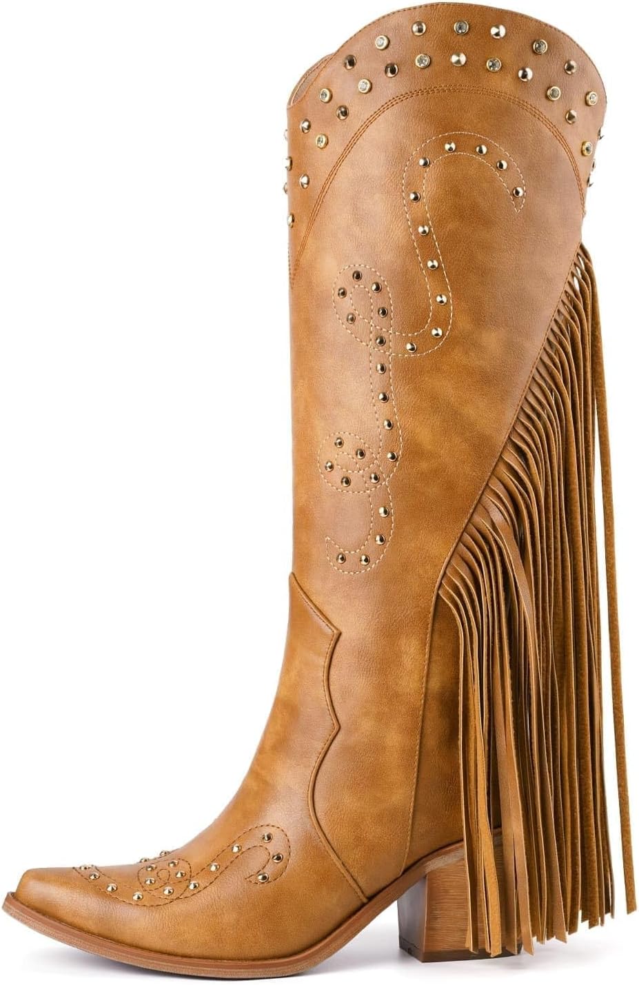 Cowboy Boots for Women Rivet Rhinestone Pointed Toe Fringe Cowgirl Boots Comfortable Chunky Heel Wide-Calf Fashion Western Boot