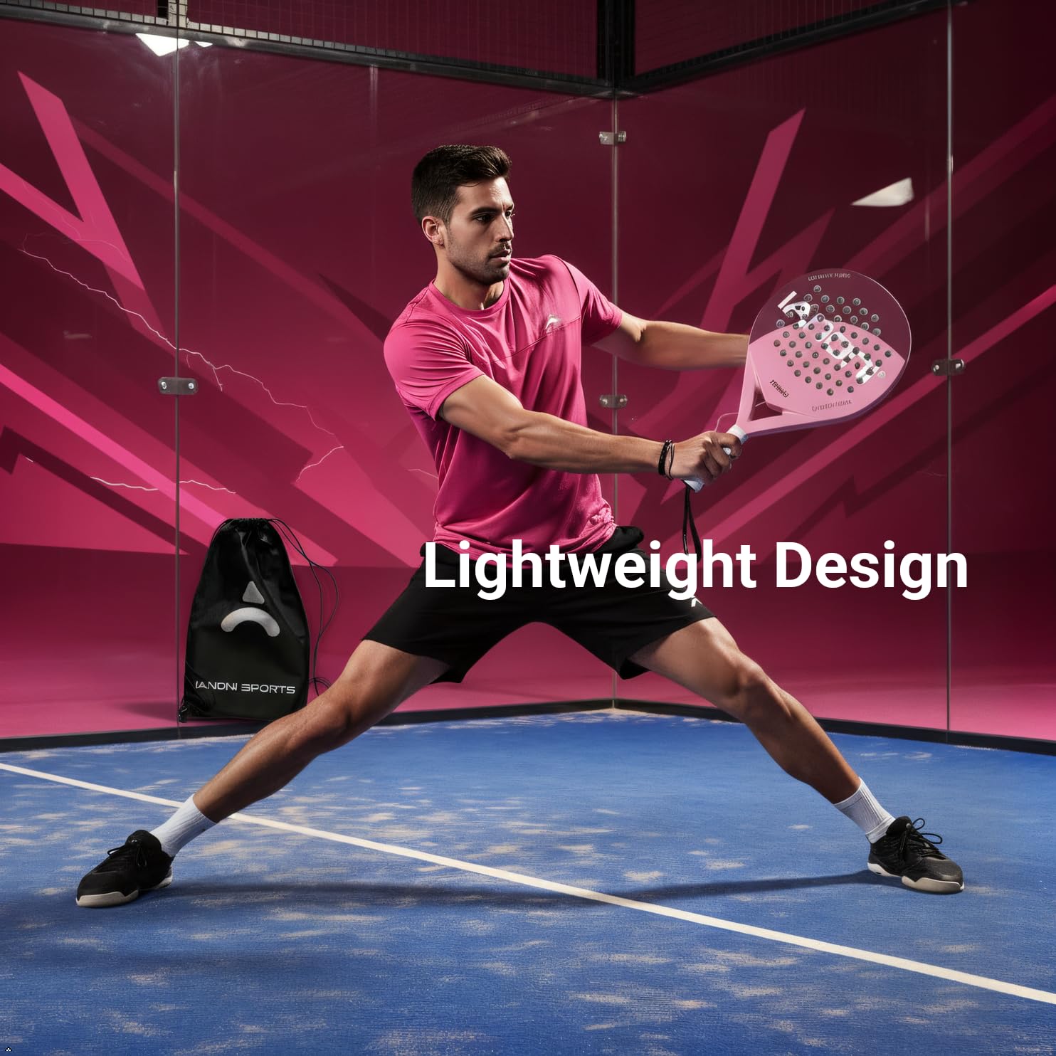 ianoni Racchetta da padel con superficie in fibra di carbonio con nucleo in schiuma EVA Memory Flex – 8500 rosa racchetta + borsa + 3 palline Pro + presa extra