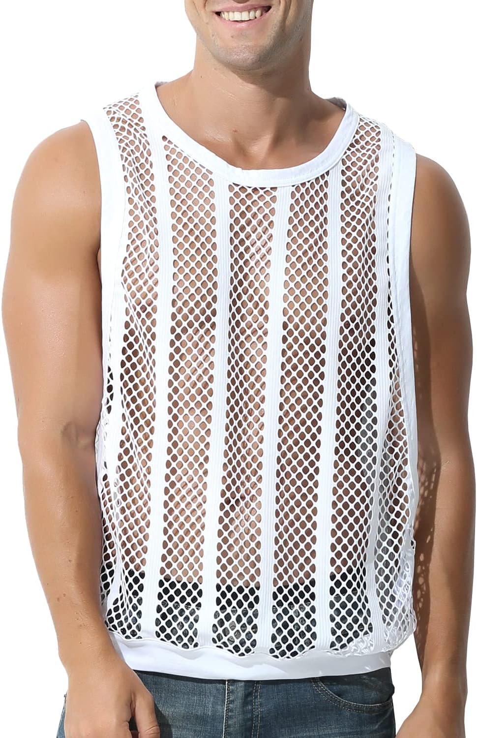 MIZOK Men's Fishnet Mesh Tank Tops Sexy See Through Workout Vest Sleeveless Sheer Muscle Shirts - Image 2