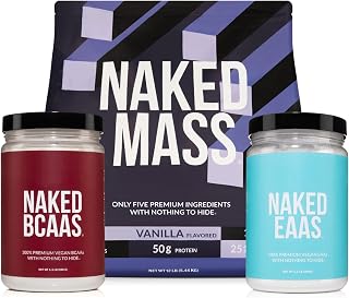 NAKED Vanilla Mass Protein 12LB - EAAs (50 Servings) - BCAAs (100 Servings) – Bulk; Vegan; Non-GMO; Gluten Free; Soy Free; Unflavored