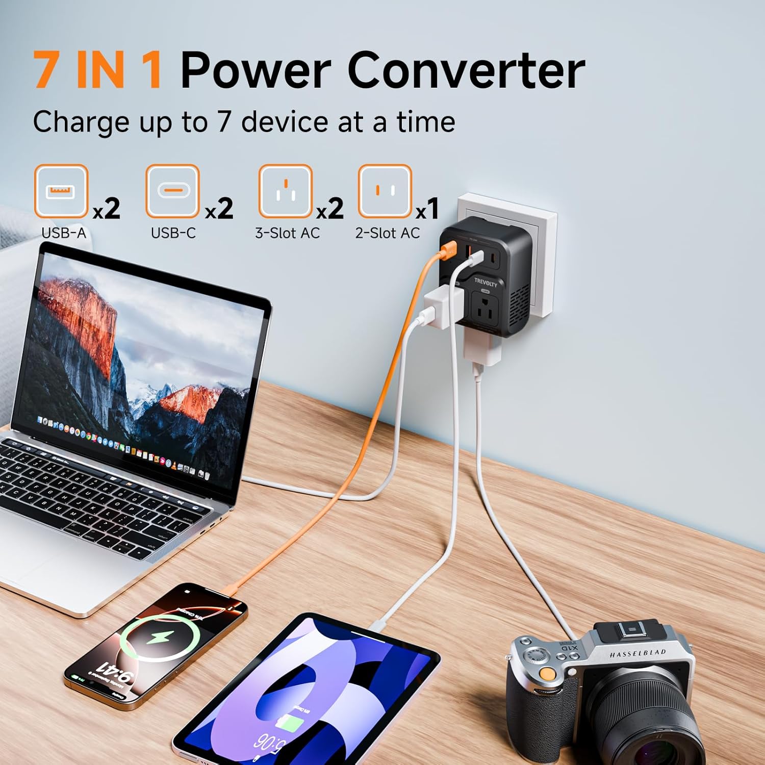 2000W Voltage Converter US to Europe, 220V to 110V Converter for Hair Dryer, 7-in-1 European Travel Plug Adapter with 3AC/2USB-A/2USB-C (Black)