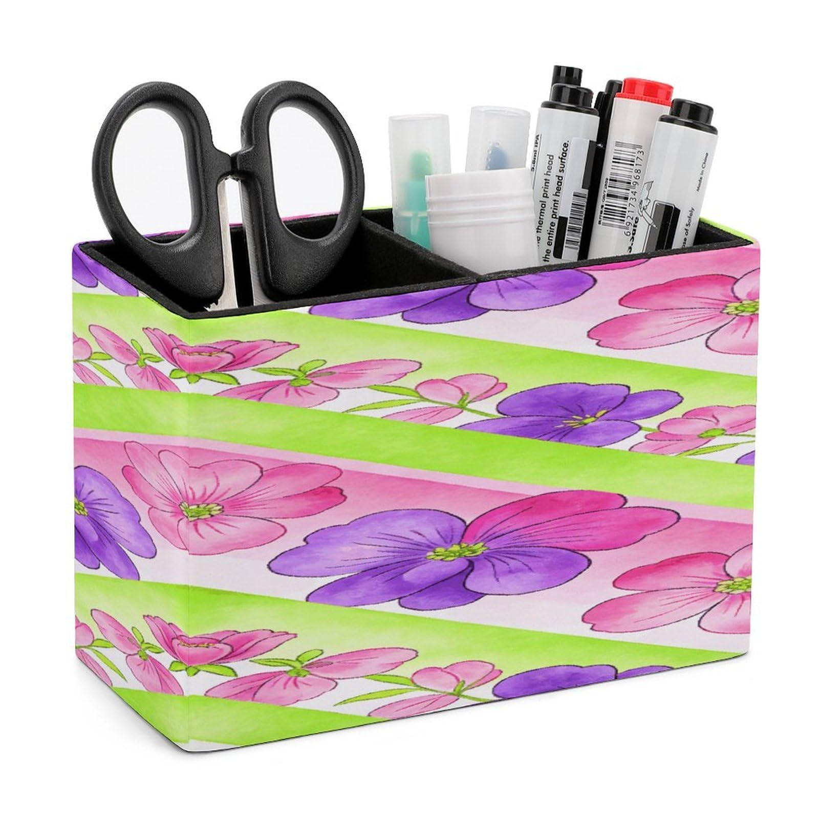 LZQPOEAS Chevron Blooms Pen Holder Double Compartments Pen Cup Makeup Brush Holders Leather Pencil Holder Locker Organizer for Work Locker Accessories Modern Pencil Cup for Desk