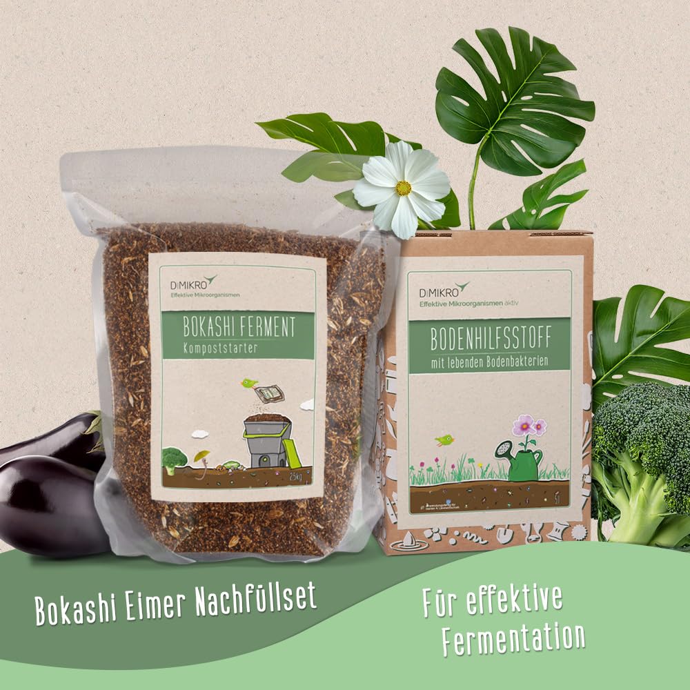 Bokashi Kit de recharge pour seau - 5 litres EM actif et 2,5 kg de ferment Bokashi | Accélérateur de compost liquide de qualité biologique, fabriqué en Allemagne – pour l'entretien durable de votre seau Bokashi