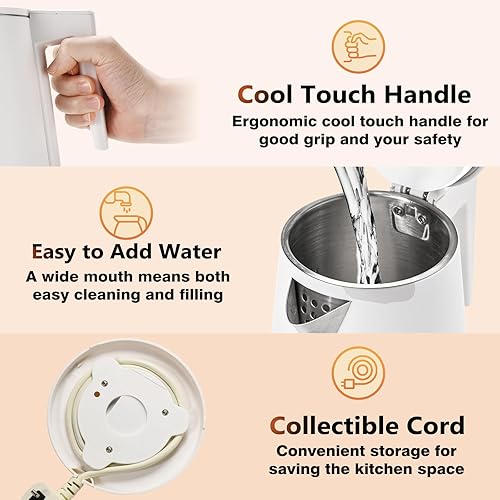 Miniatura 4 de Caldera de agua interior de acero inoxidable de doble pared de 1.2 L, inalámbrica, 1000 W de ebullición rápida con luz LED, cafetera y tetera