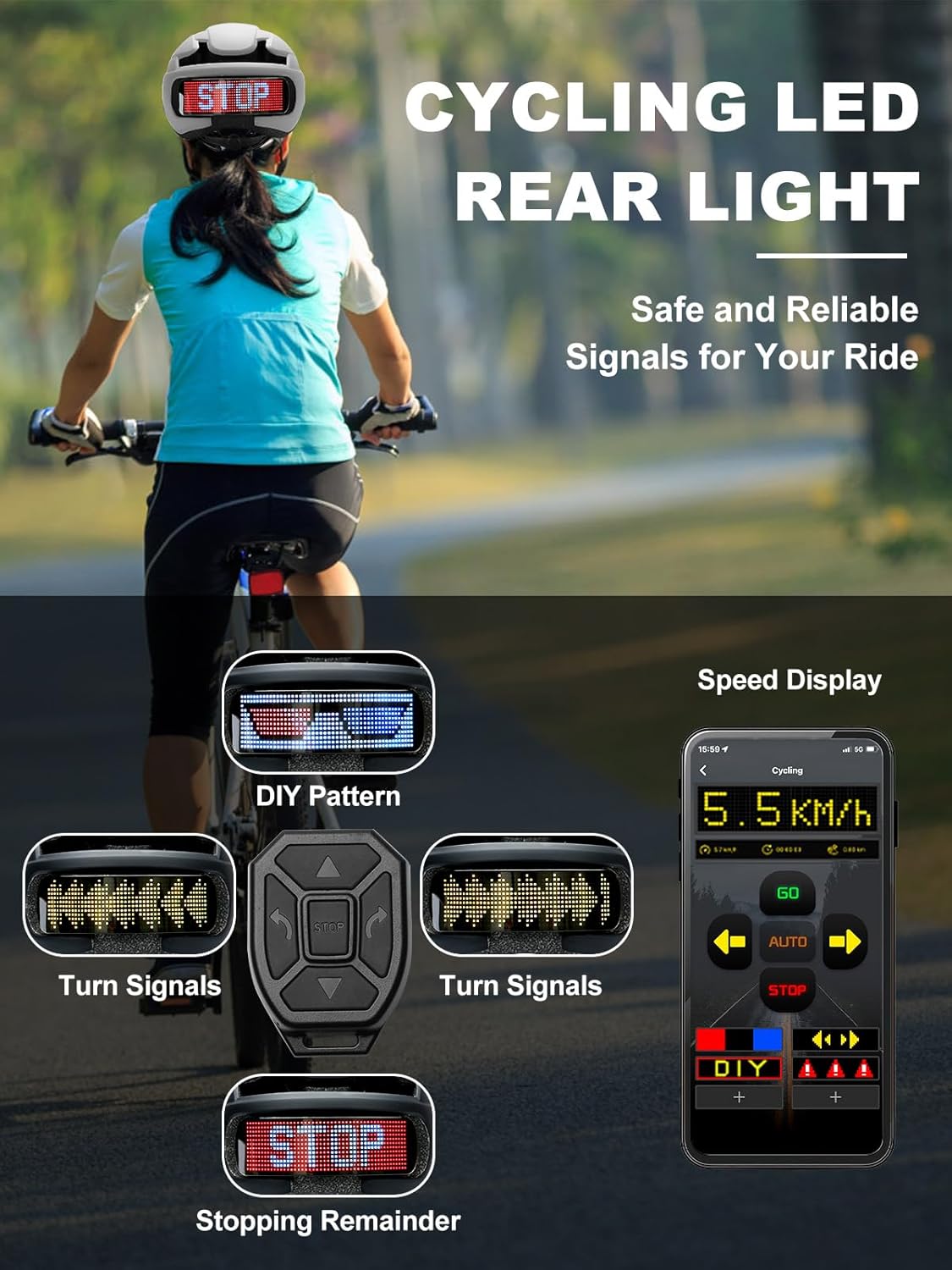 Bike Helmet for Adult Men Women, Bicycle Helmet with LED Display, Ebike Helmet with Remote and App, Cycling Helmets with Turn Signals, Rear Light, DIY Image, Mens Bike Helmets Fit 22-24in