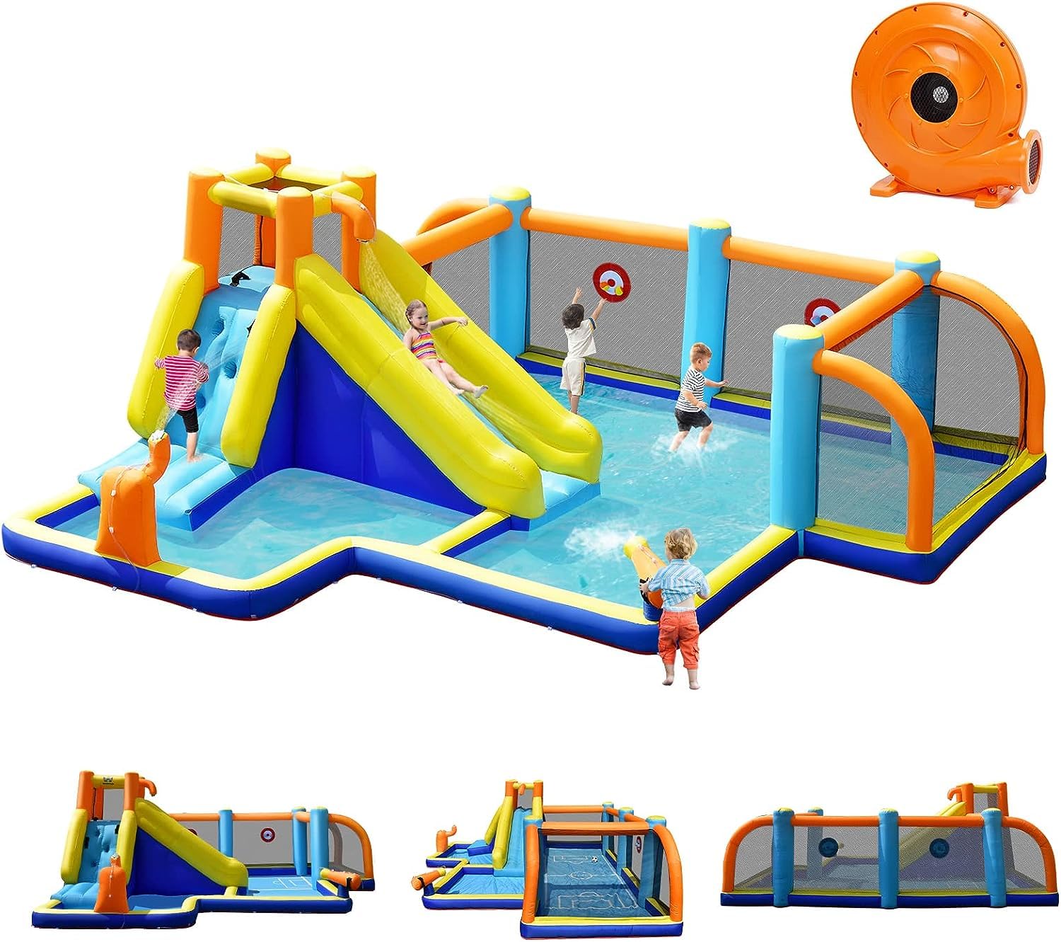 GOPLUS Castillo Hinchable Acuatico para Niños de 3-12 Años, Castillo Inflable Infantil Exterior, Cosido de Material Extra Rueso, Tobogán Acuatico, Pared de Escalada, Piscina, Zona Fútbol, Soplador
