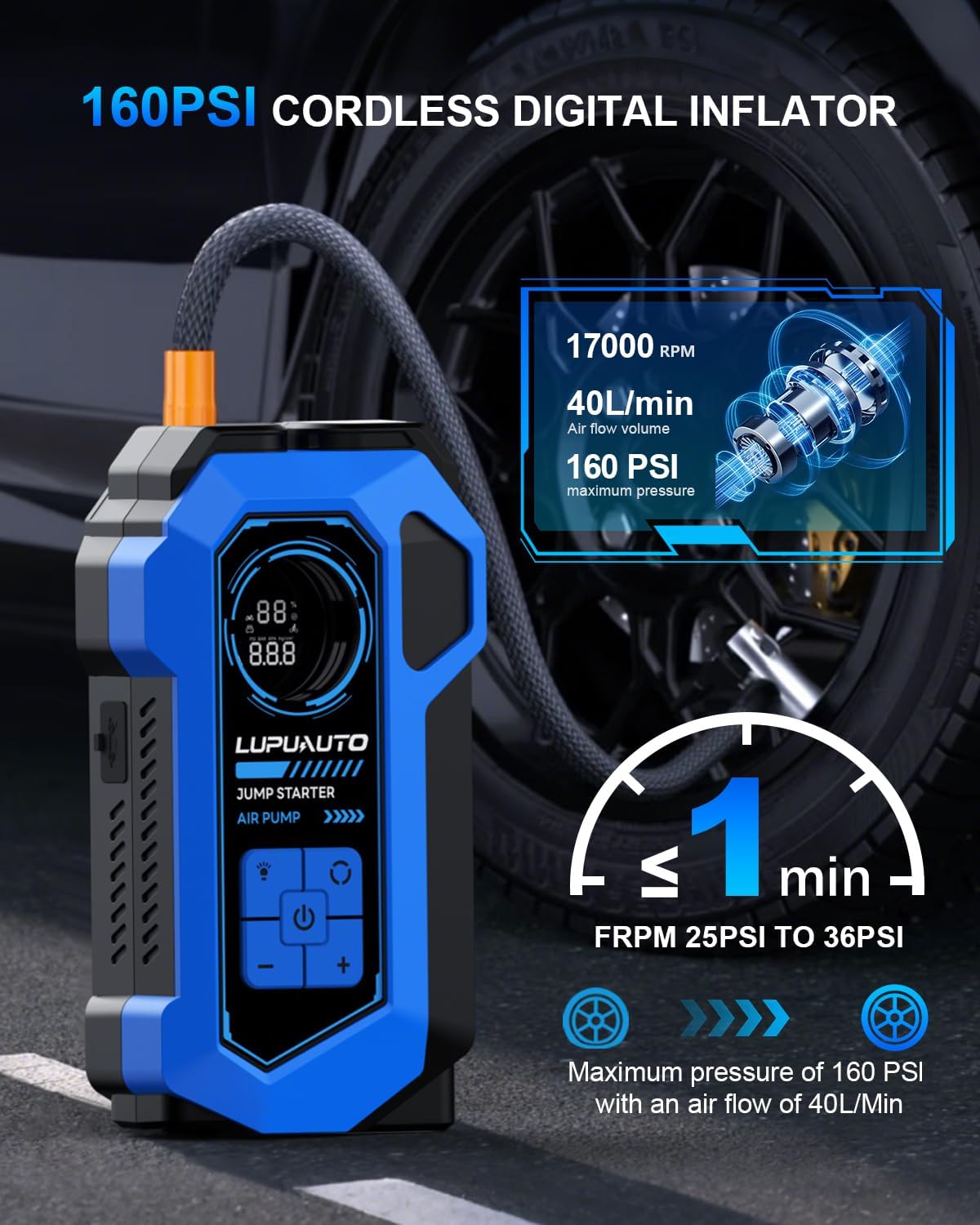 4000A Portable Jump Starter with 160PSI Air Compressor, Car Jump Starter Jump Box (10L Gas/8.5L Diesel), 12V Battery Jump Box Car Battery Jumper Starter with LCD Display, 500LM LED Lights - Image 4