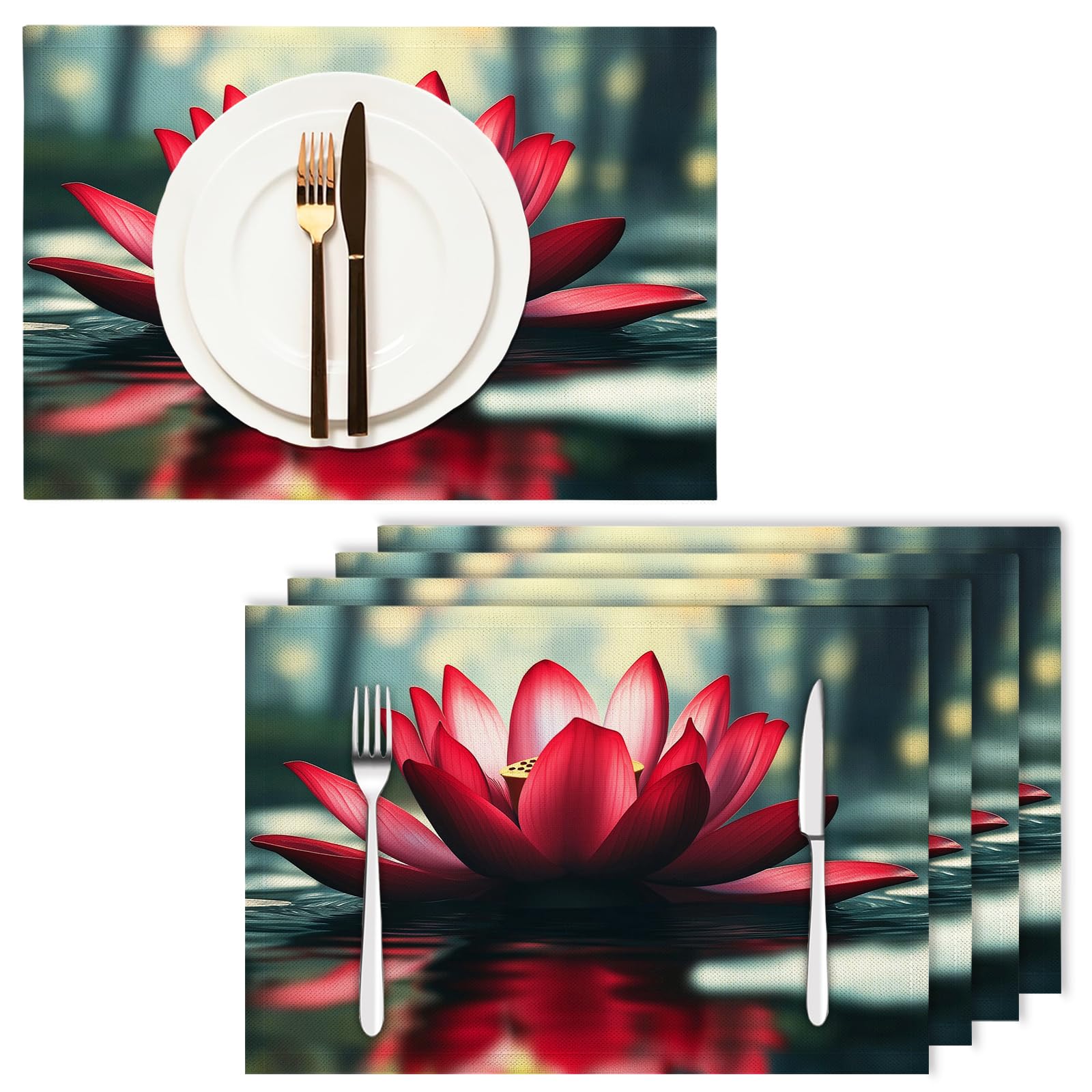Set di 8 Tovagliette Americane Lavabili Cotone Lino Paesaggio - Tovaglietta Americana Resistenti al Calore Durevole Loto rosso - per Colazione Pranzo 30×45 cm