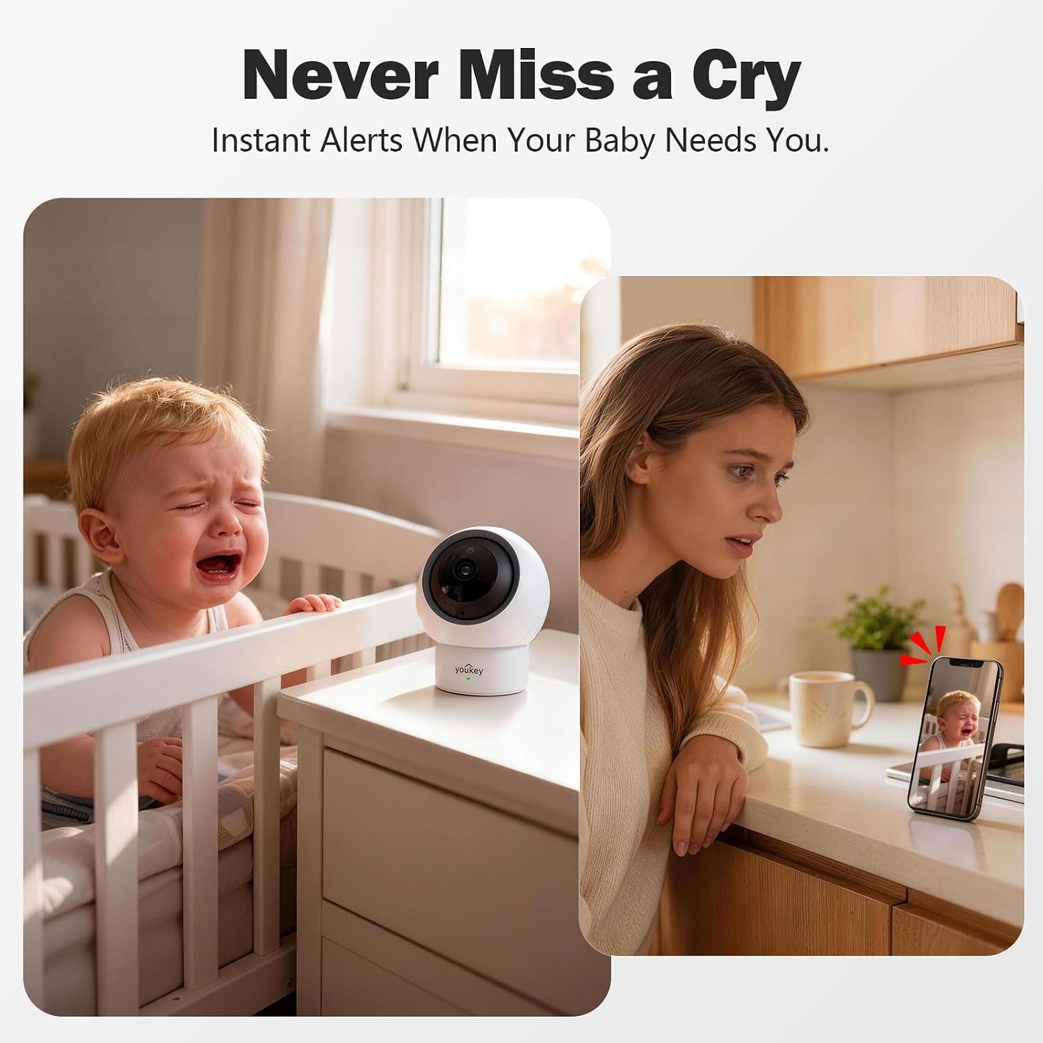 youkey 2.5K Baby Monitor, AI Crying & Motion Detection for Peace of Mind, 360° Pan/Tilt, Invisible Night Vision, Two-Way Audio to Soothe & Comfort, No Subscription, Local Storage, 2.4GHz & 5G